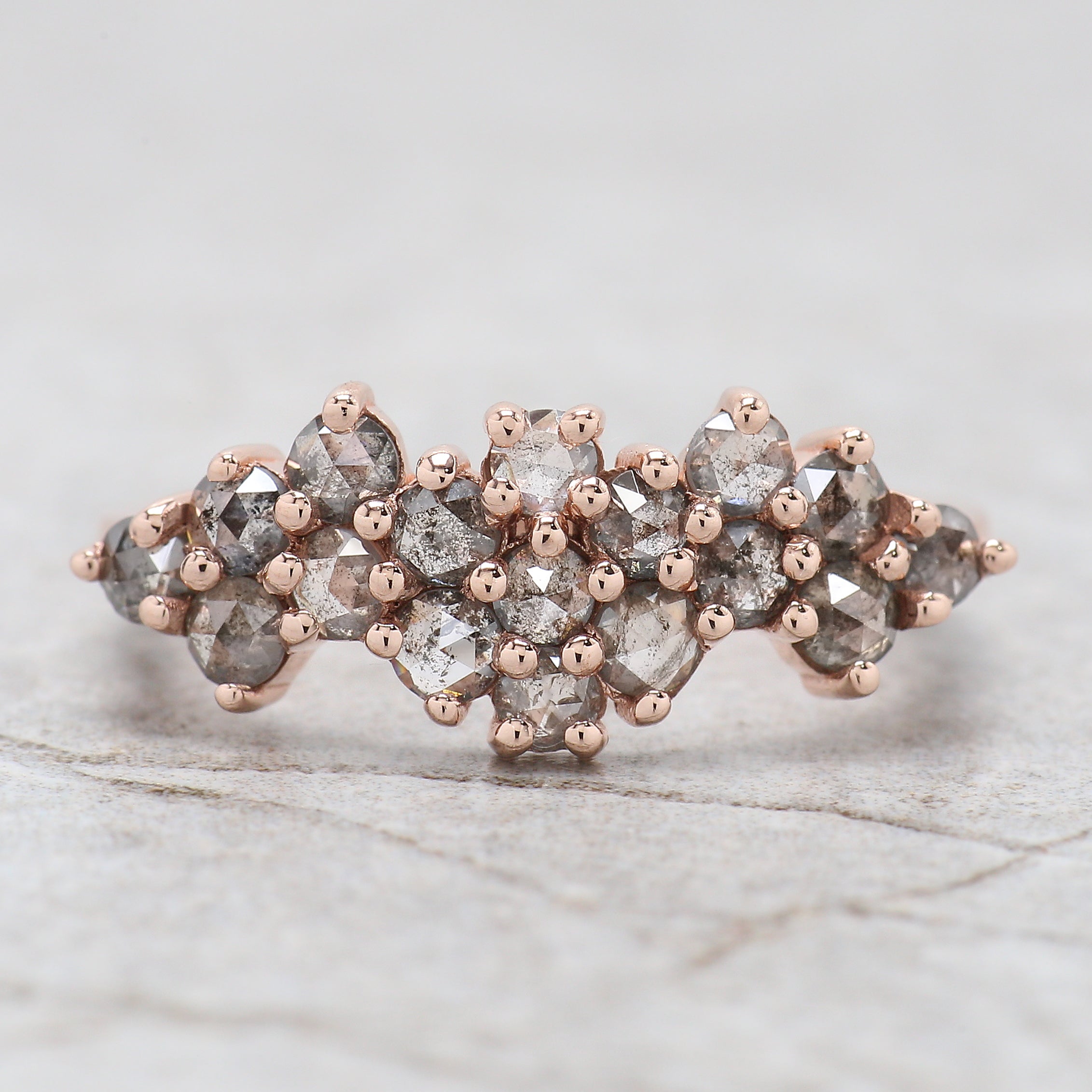 Round Rose Cut Salt And Pepper Diamond Ring 1.09 Ct 2.50 MM Round Diamond Ring 14K Rose Gold Silver Engagement Ring Gift For Her QK1430