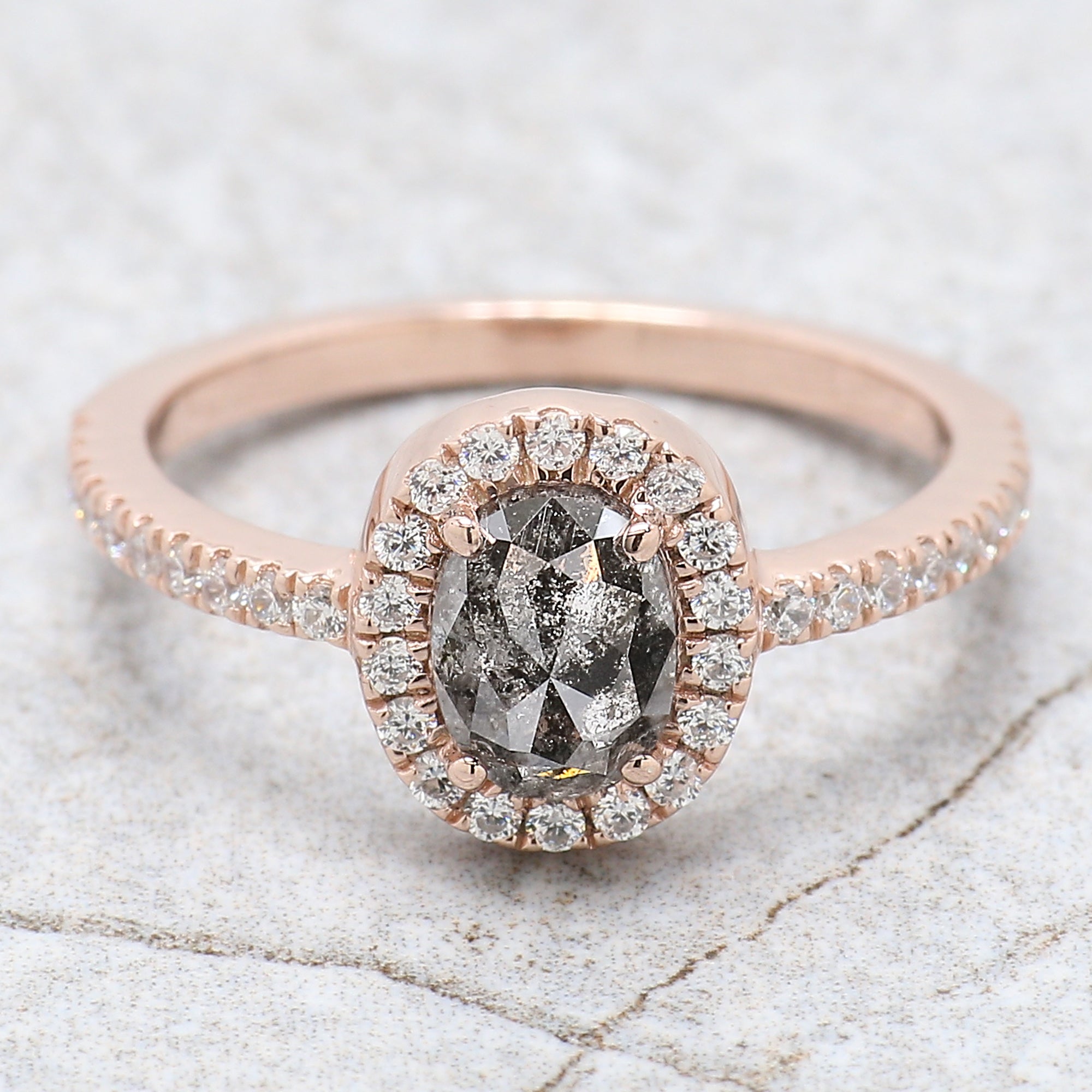 Oval Cut Salt And Pepper Diamond Ring 0.88 Ct 6.60 MM Oval Diamond Ring 14K Solid Rose Gold Silver Oval Engagement Ring Gift For Her QN941