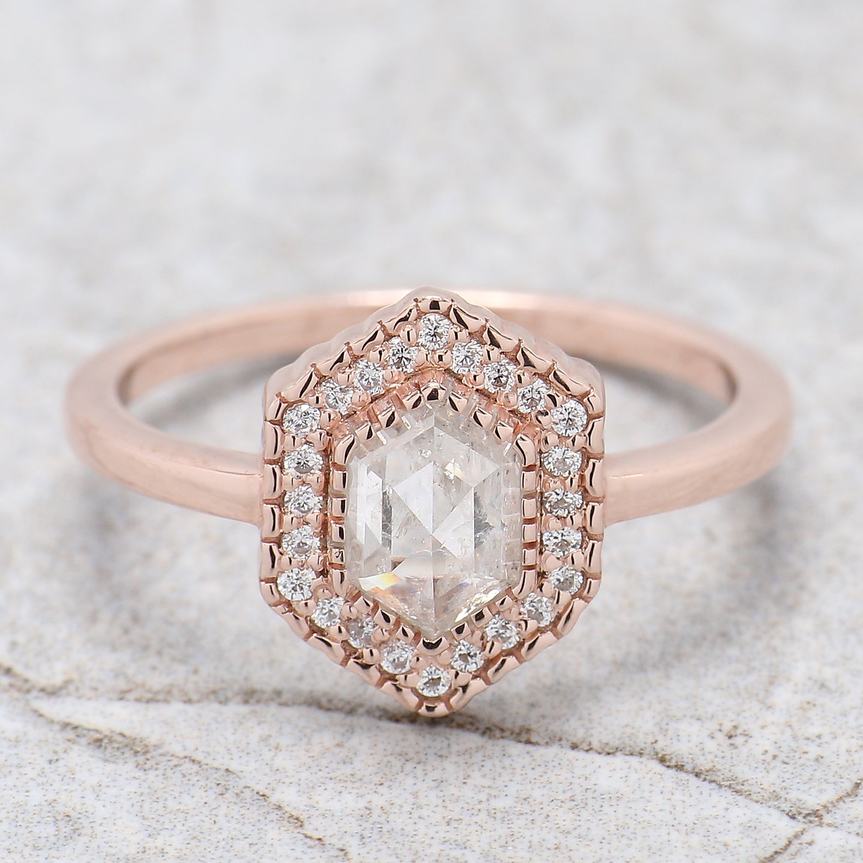 Hexagon Cut Salt And Pepper Diamond Ring 0.79 Ct 6.50 MM Hexagon Diamond Ring 14K Solid Rose Gold Silver Engagement Ring Gift For Her QL2587