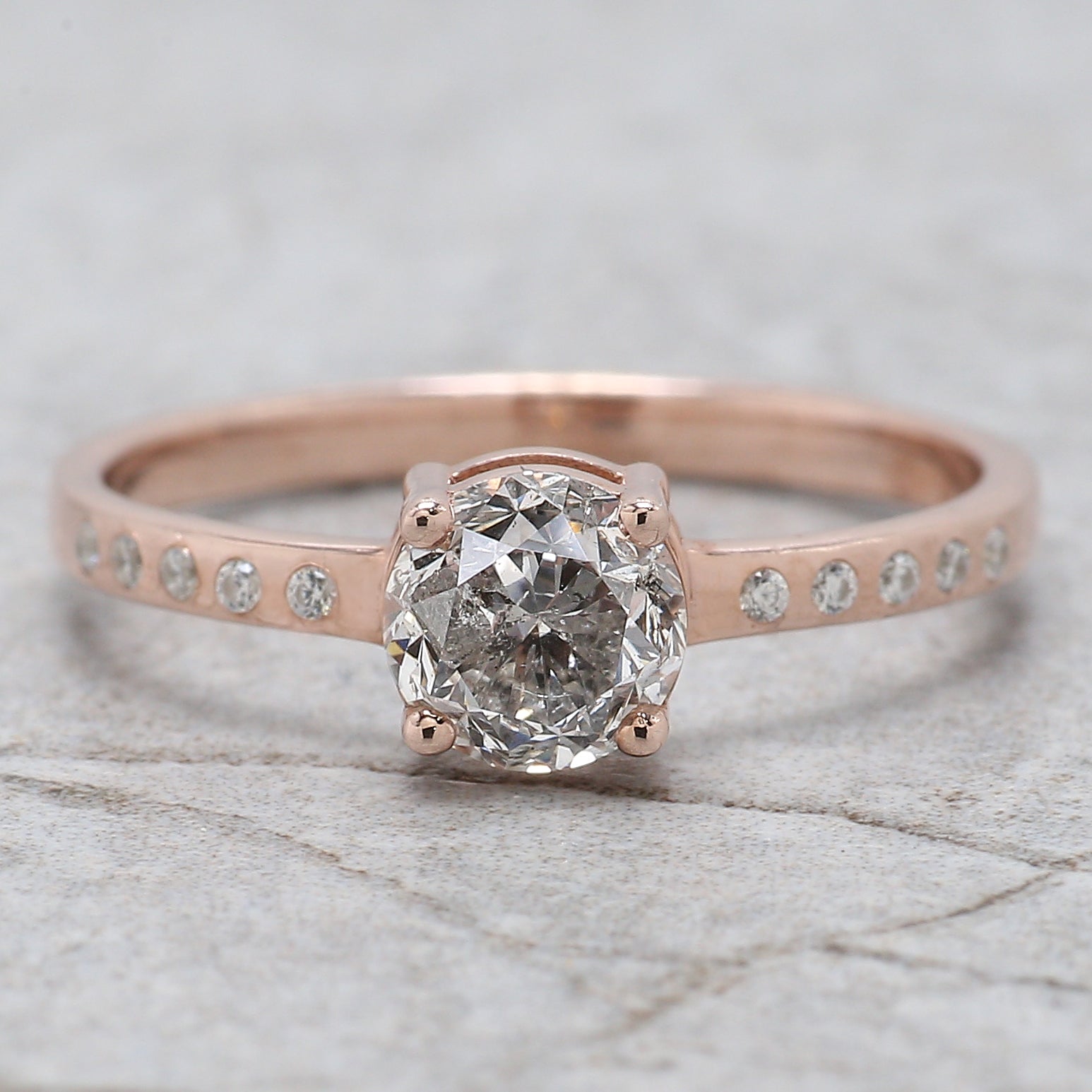 Round Cut Salt And Pepper Diamond Ring 0.84 Ct 5.61 MM Round Diamond Ring 14K Solid Rose Gold Silver Engagement Ring Gift For Her QL2657