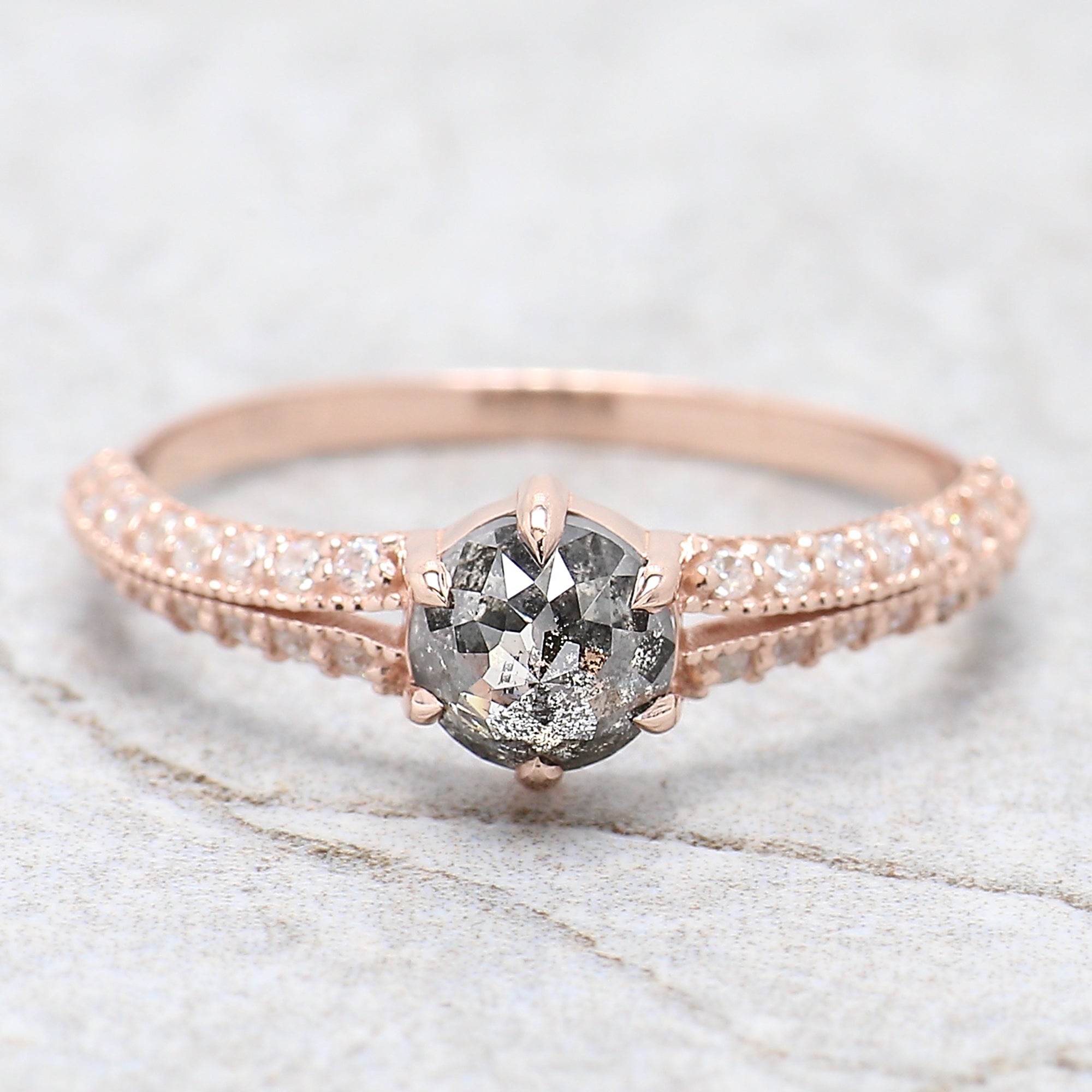 Round Rose Cut Salt And Pepper Diamond Ring 0.83 Ct 5.30 MM Round Diamond Ring 14K Rose Gold Silver Engagement Ring Gift For Her QN9672
