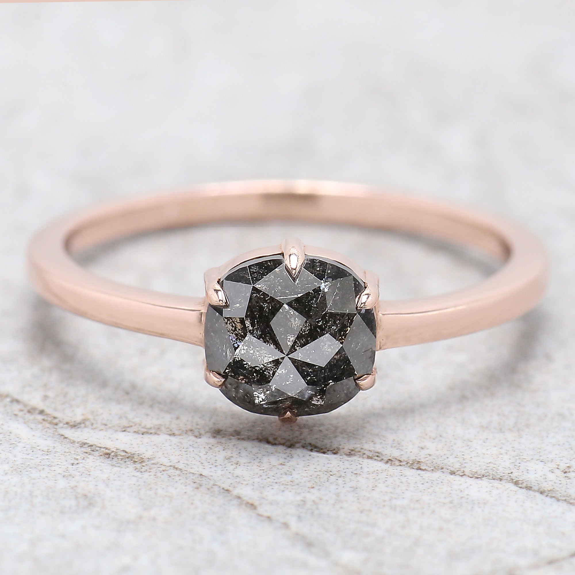 Cushion Cut Salt And Pepper Diamond Ring 1.20 Ct 6.30 MM Cushion Diamond Ring 14K Solid Rose Gold Silver Engagement Ring Gift For Her QN918