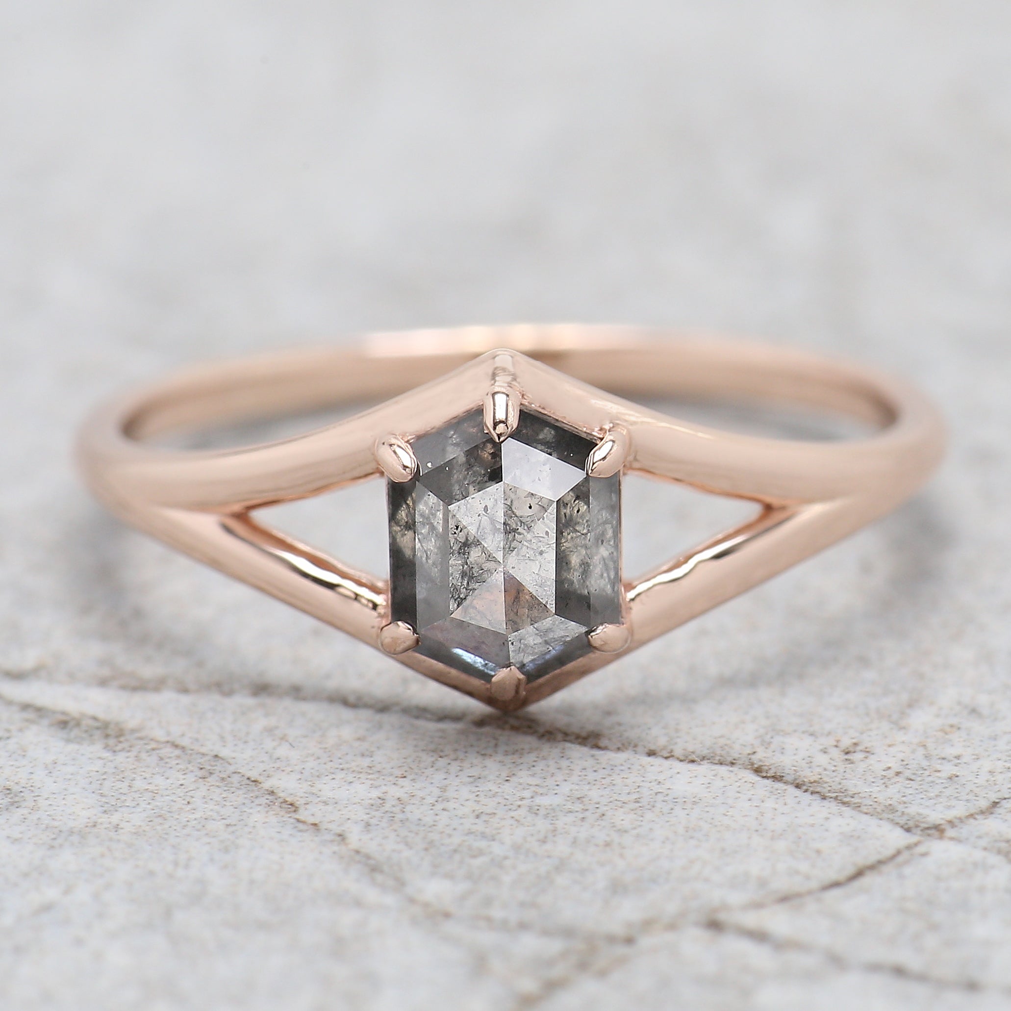 Hexagon Cut Salt And Pepper Diamond Ring 0.78 Ct 6.30 MM Hexagon Cut Diamond Ring 14K Rose Gold Silver Engagement Ring Gift For Her QL1403