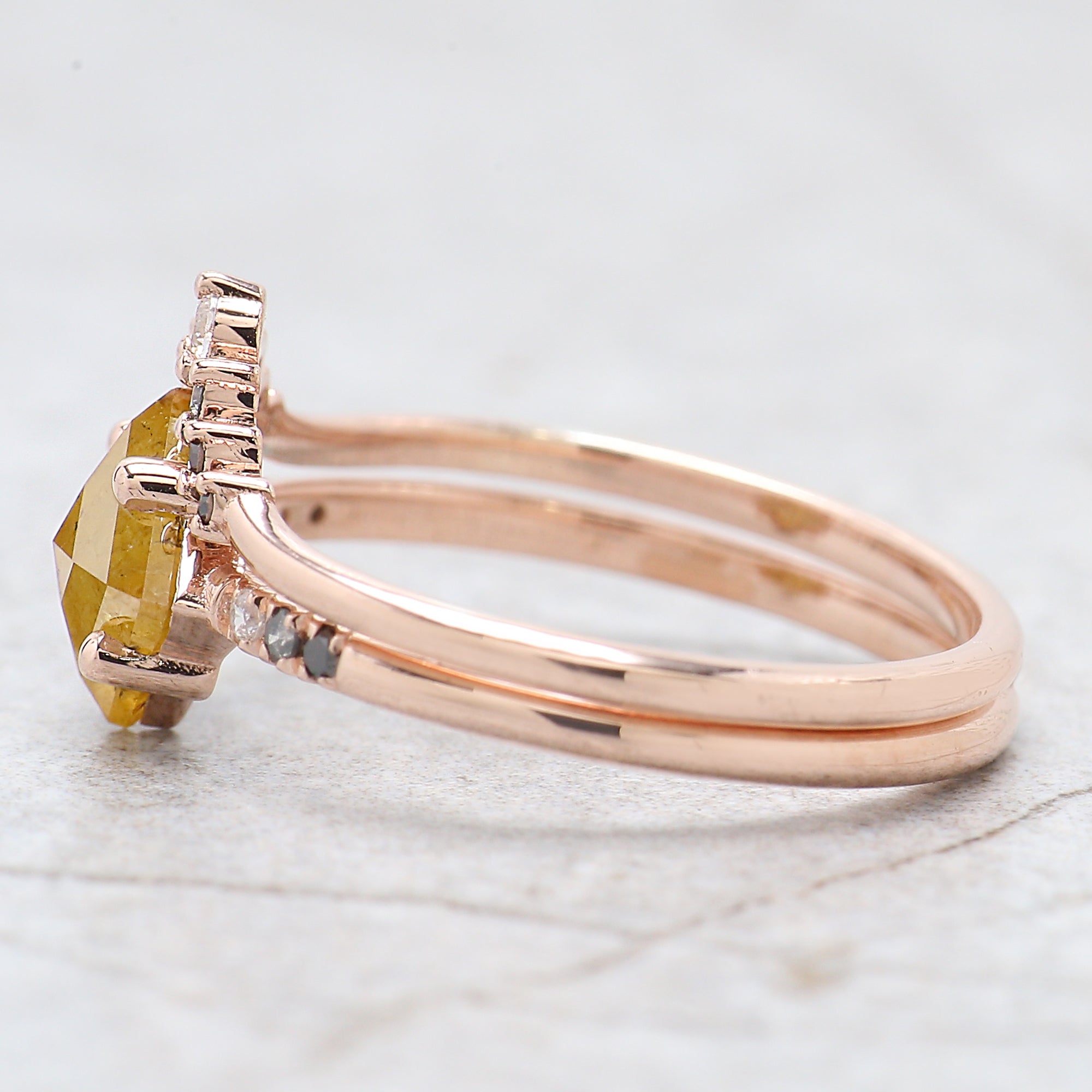 0.93 Ct Natural Kite Shape Yellow Color Diamond Ring 7.55 MM Kite Yellow Diamond Ring 14K Solid Rose Gold Silver Engagement Ring Set QN635