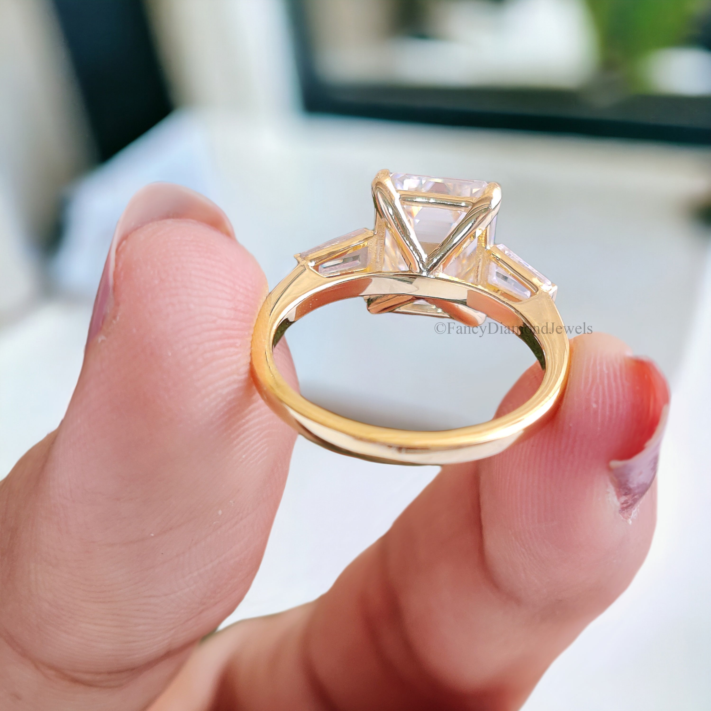 3.45 CT Emerald Cut Colorless Moissanite Ring Three Stone Engagement Ring Side Tapered Baguette Moissanite Claw Prong Anniversary Gift FD137