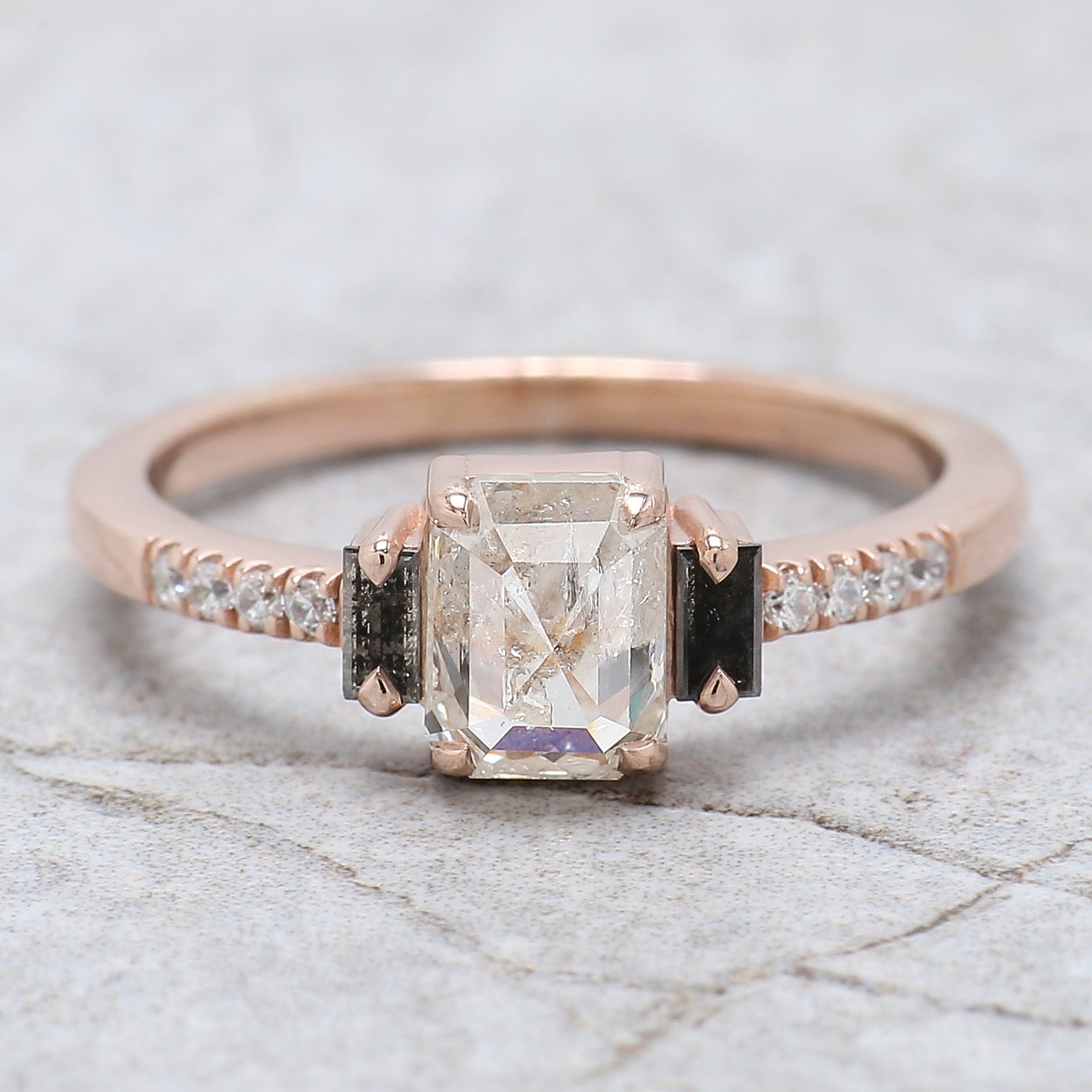 Emerald Cut Salt And Pepper Diamond Ring 1.05 Ct 6.28 MM Emerald Diamond Ring 14K Rose Gold Silver Engagement Ring Gift For Her QL2581