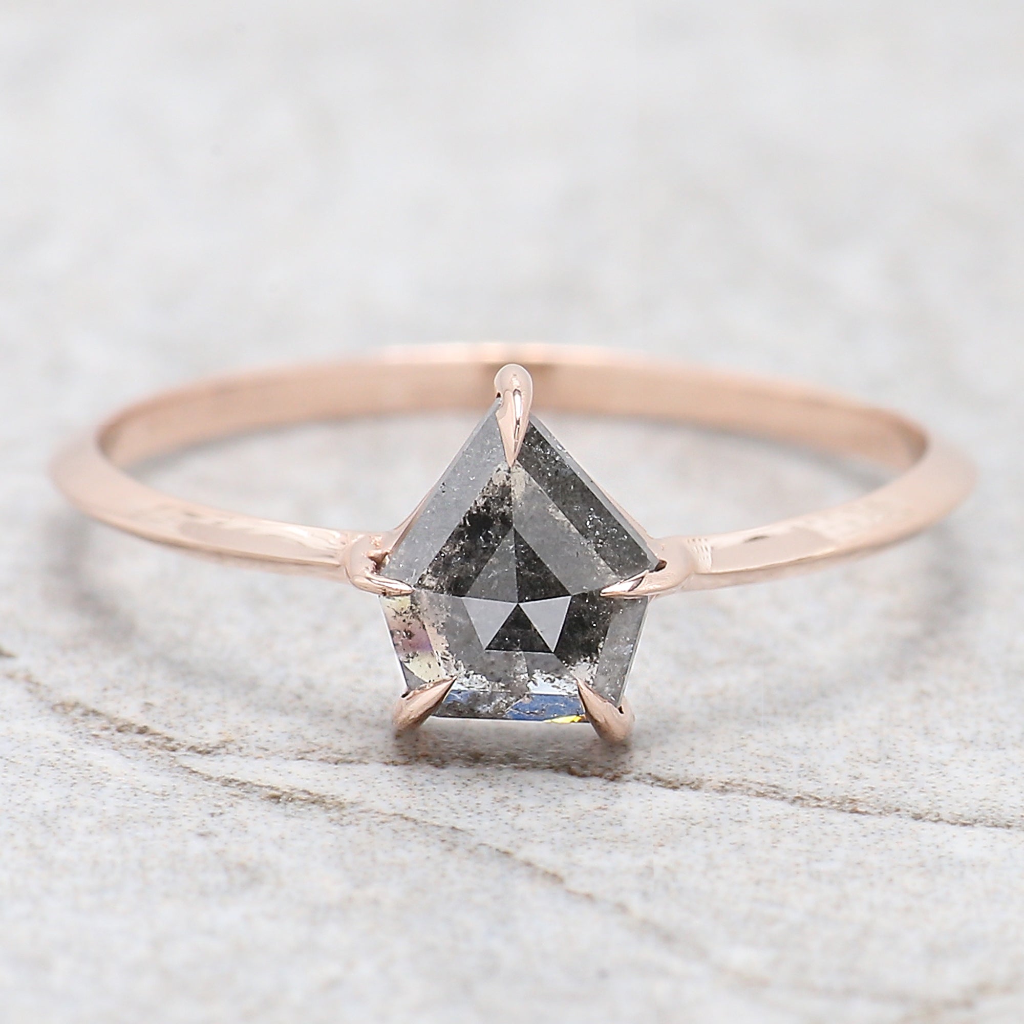 0.80 Ct Natural Shield Shape Salt And Pepper Diamond Ring 6.60 MM Shield Cut Diamond Ring 14K Solid Rose Gold Silver Engagement Ring QL7662