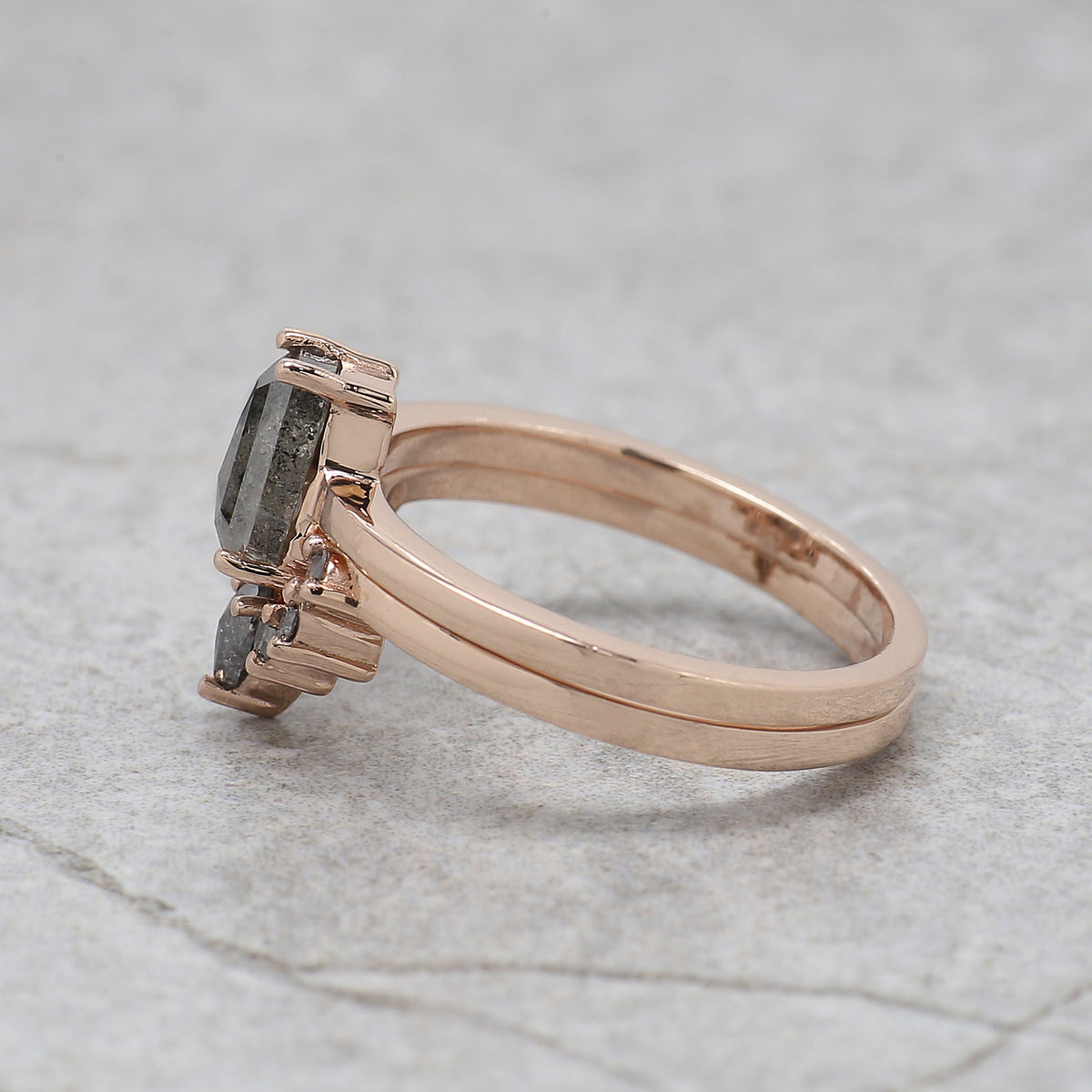 Coffin Shape Salt and Pepper Diamond Ring, 14K Rose Gold Coffin Engagement Ring, Bridal Ring Set, Unique Diamond Ring Gift for Her KDL3677