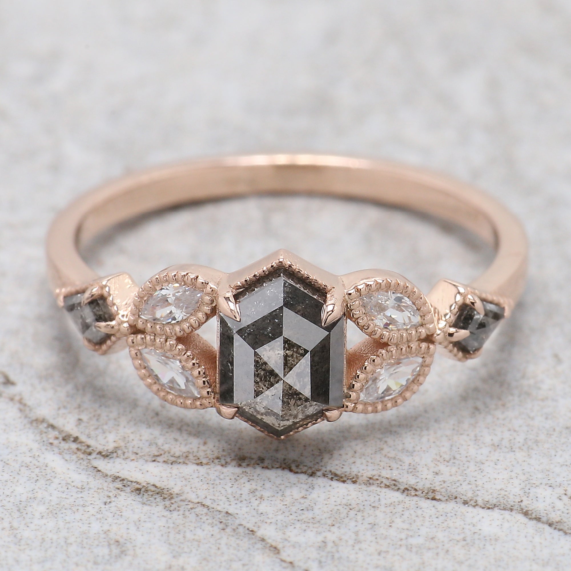 Hexagon Cut Salt And Pepper Diamond Ring 0.98 Ct 6.83 MM Hexagon Cut Diamond Ring 14K Rose Gold Silver Engagement Ring Gift For Her QL2943