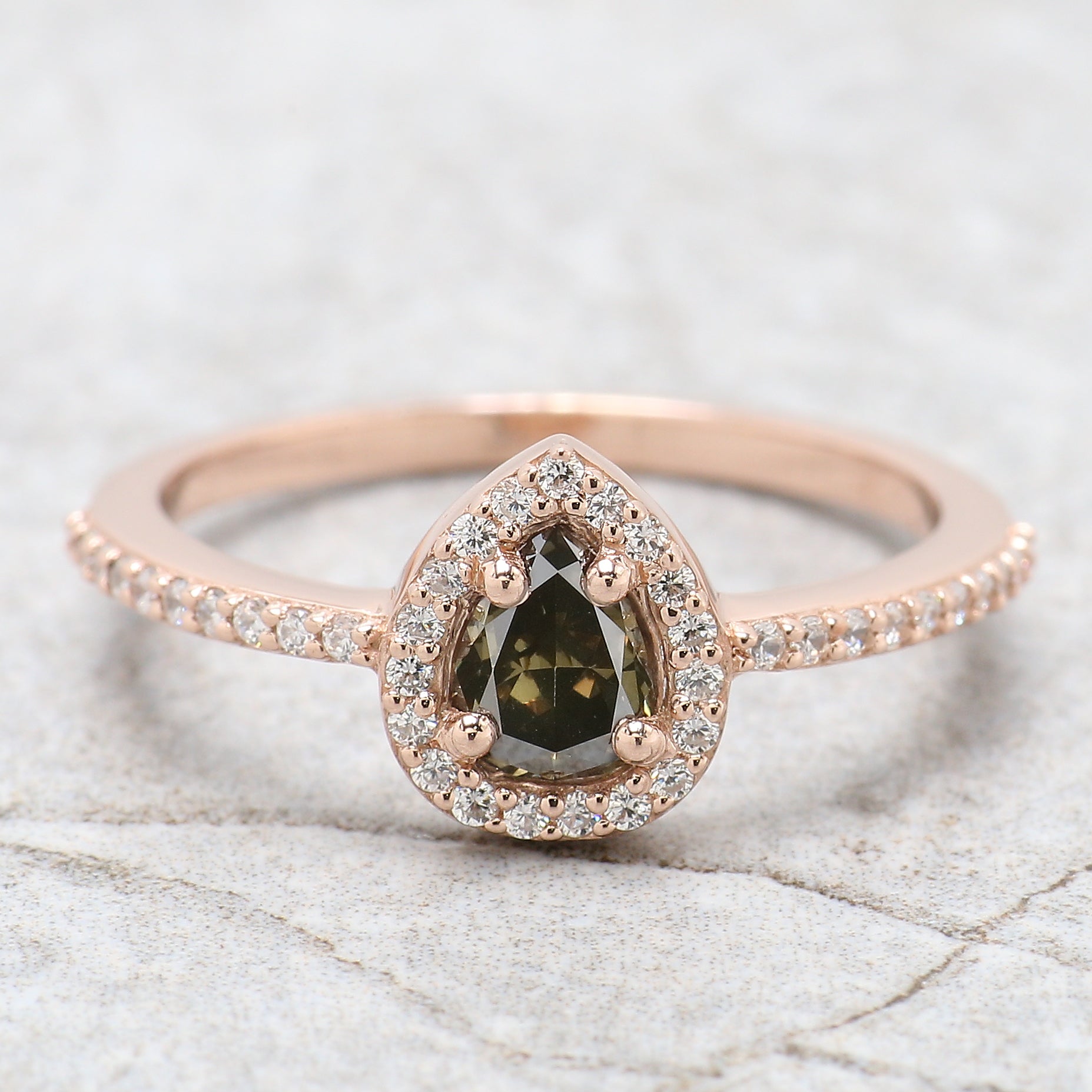 Pear Cut Green Color Diamond Ring 0.37 Ct 5.45 MM Pear Shape Diamond Ring 14K Solid Rose Gold Silver Engagement Ring Gift For Her QL5135