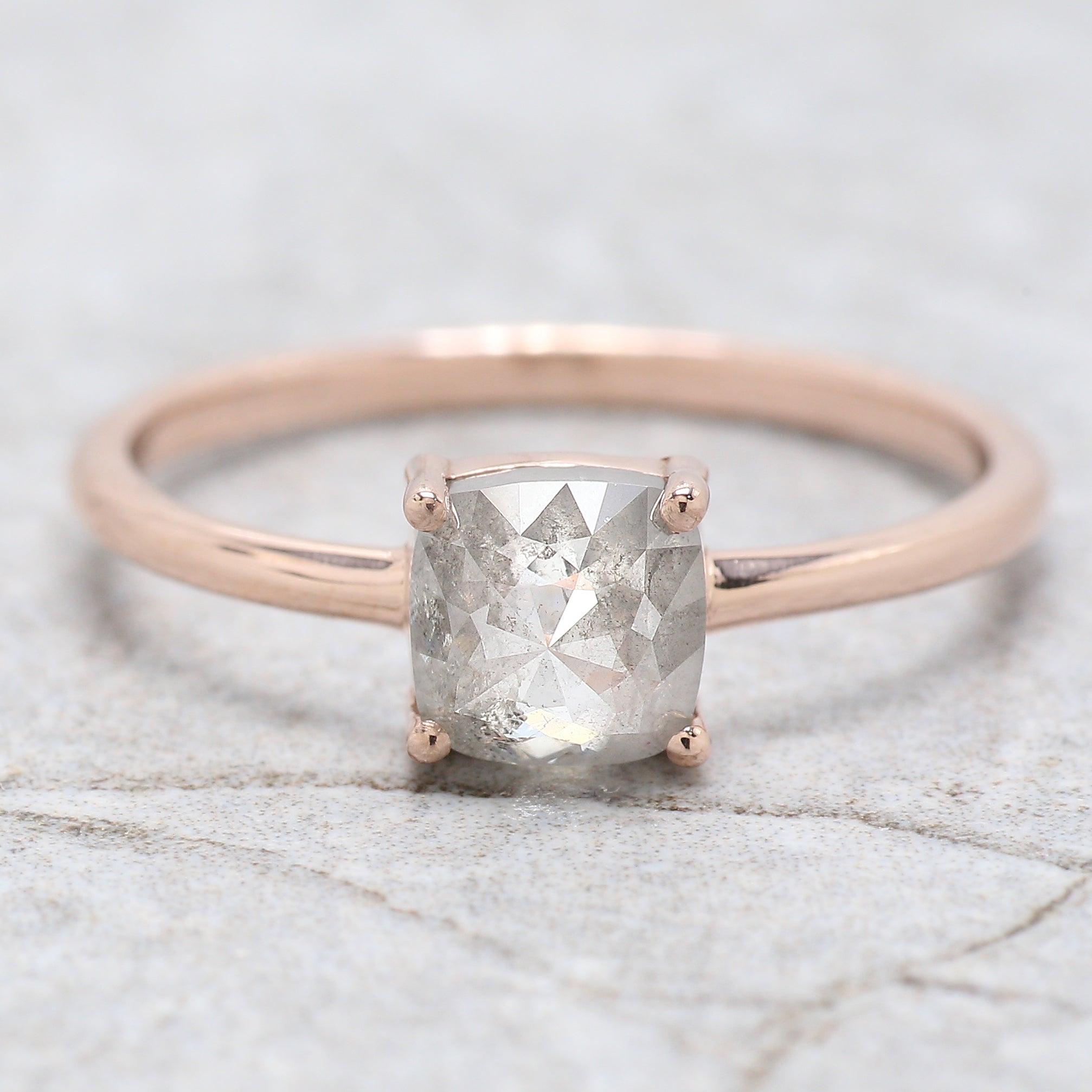 Cushion Cut Salt And Pepper Diamond Ring 1.03 Ct 5.60 MM Cushion Diamond Ring 14K Solid Rose Gold Silver Engagement Ring Gift For Her QN9217
