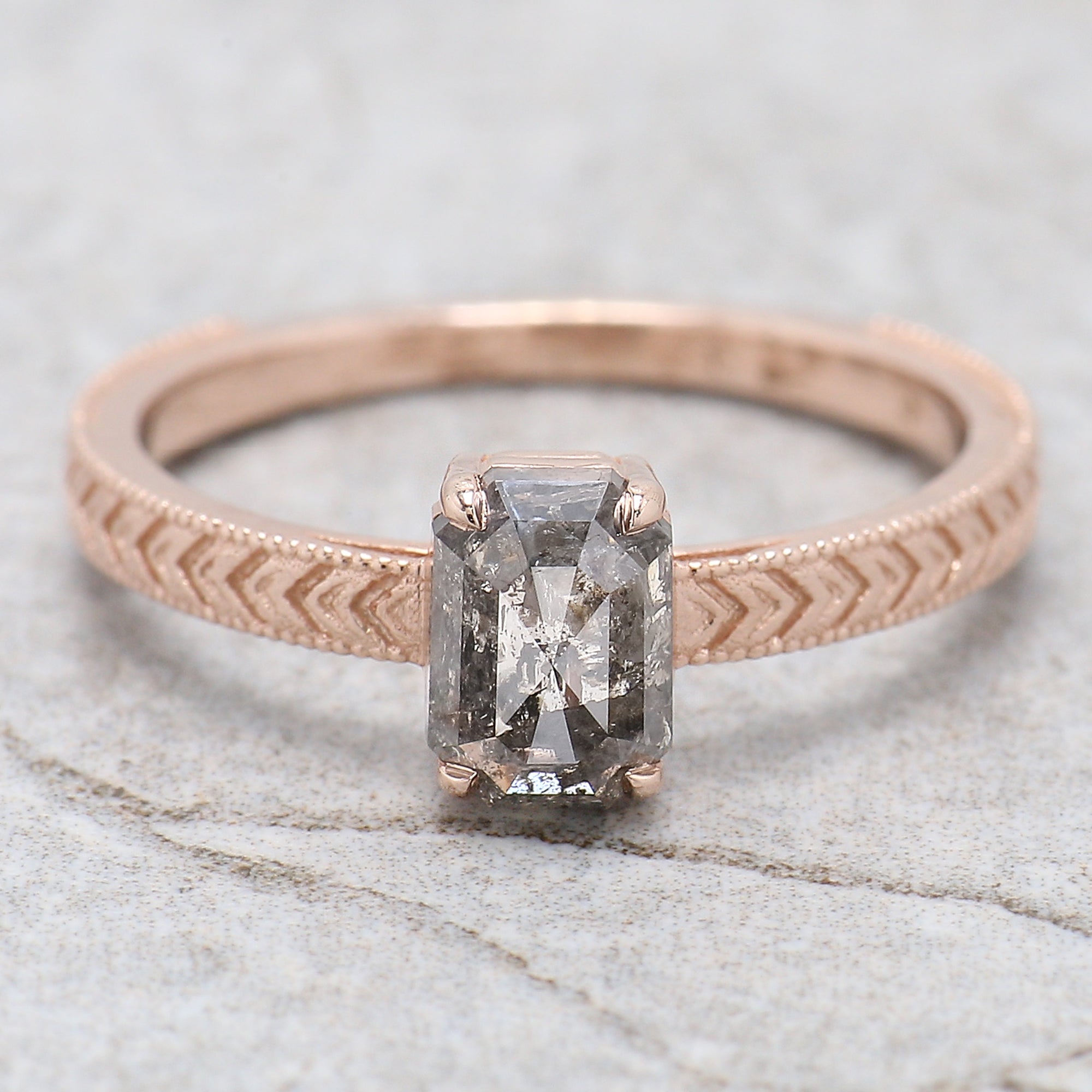 Emerald Salt And Pepper Diamond Ring 1.20 Ct 6.74 MM Emerald Diamond Ring 14K Solid Rose Gold Silver Engagement Ring Gift For Her QL9570