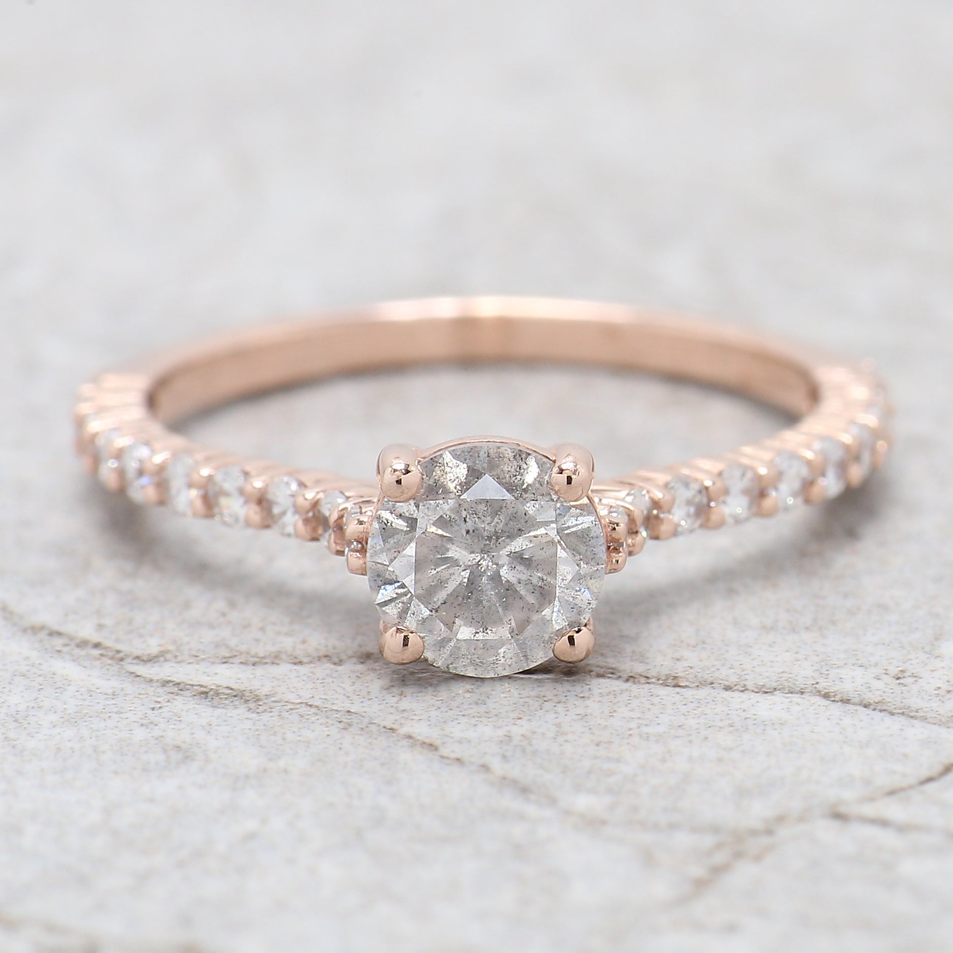 IGI Certified Round Salt And Pepper Diamond Ring 0.73 Ct 5.70 MM Round Diamond Ring 14K Solid Rose Gold Silver Engagement Ring Gift For Her QL2144