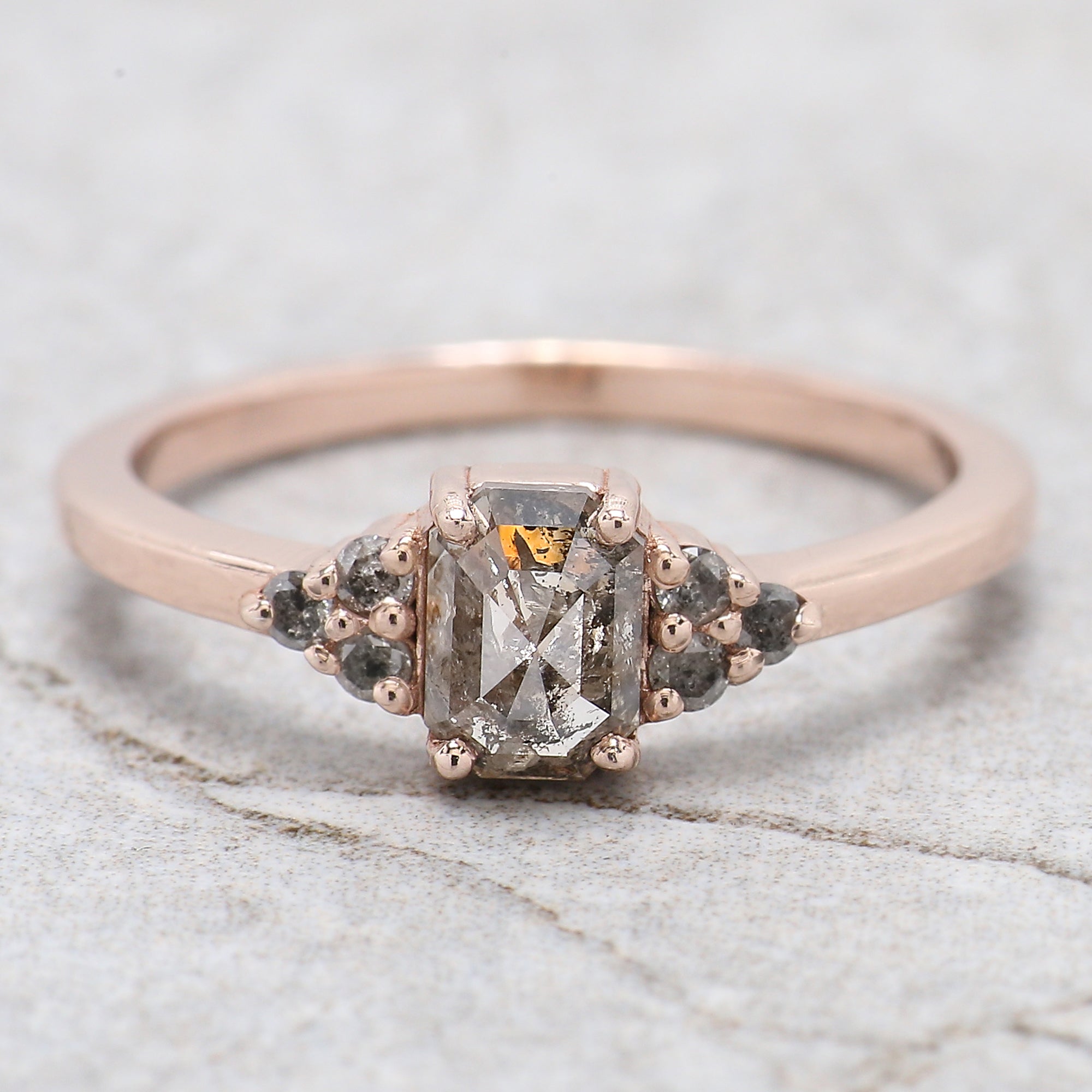 0.75 Ct Natural Emerald Cut Salt And Pepper Diamond Ring 5.95 MM Emerald Diamond Ring 14K Solid Rose Gold Silver Engagement Ring QL9987