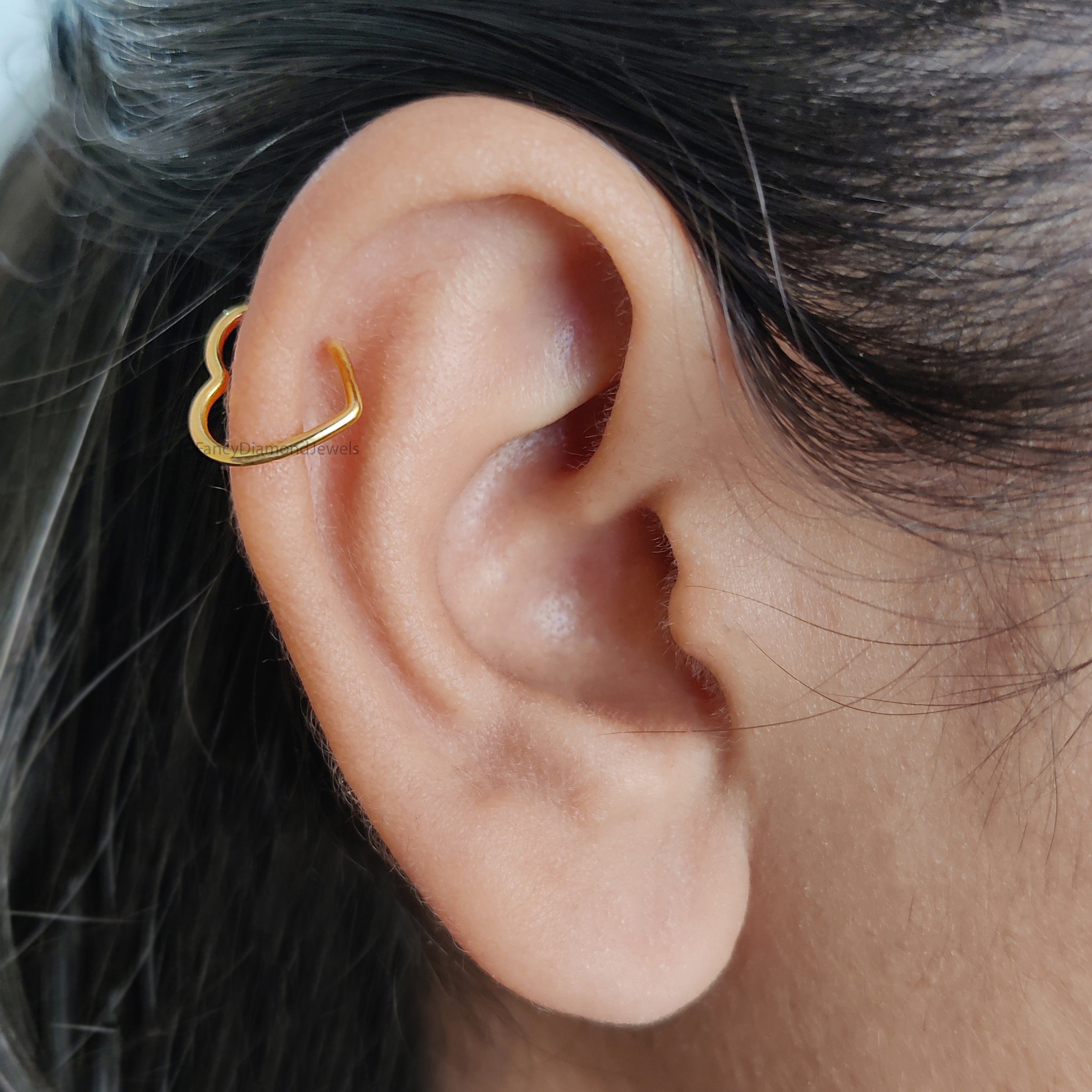 Fake Heart Helix Ring Fake Piercing Silver Yellow Gold Cuff minimalist-style earring 14K Yellow Gold Ear Wrap Cuff Gift For Her FD480