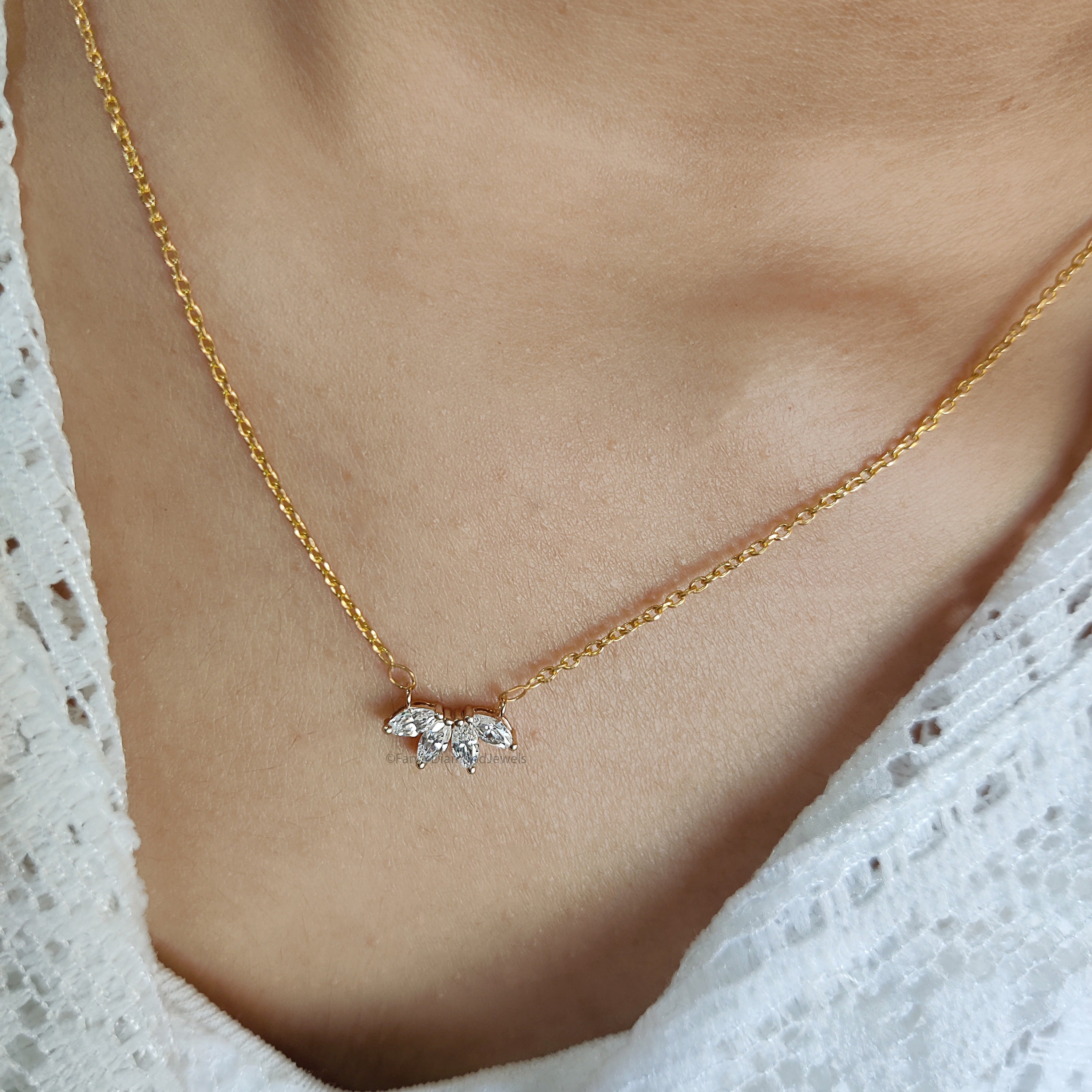 Marquise Cut CZ Diamond Flower Necklace Yellow Silver handmade jewelry Necklace Marquise Shape prong basket set Necklace With Chain FD481