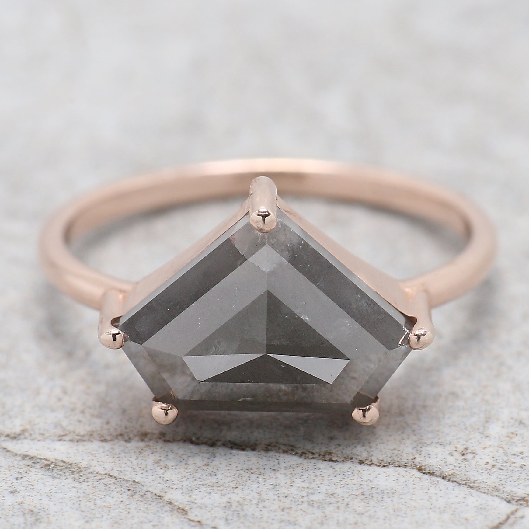 Shield Cut Salt And Pepper Diamond Ring 3.45 Ct 8.70 MM Shield Diamond Ring 14K Solid Rose Gold Silver Engagement Ring Gift For Her QL1055