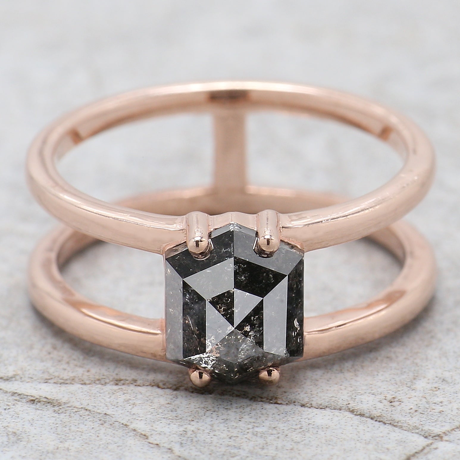 Hexagon Cut Salt And Pepper Diamond Ring 1.93 Ct 7.95 MM Hexagon Diamond Ring 14K Solid Rose Gold Silver Engagement Ring Gift For Her QL2264