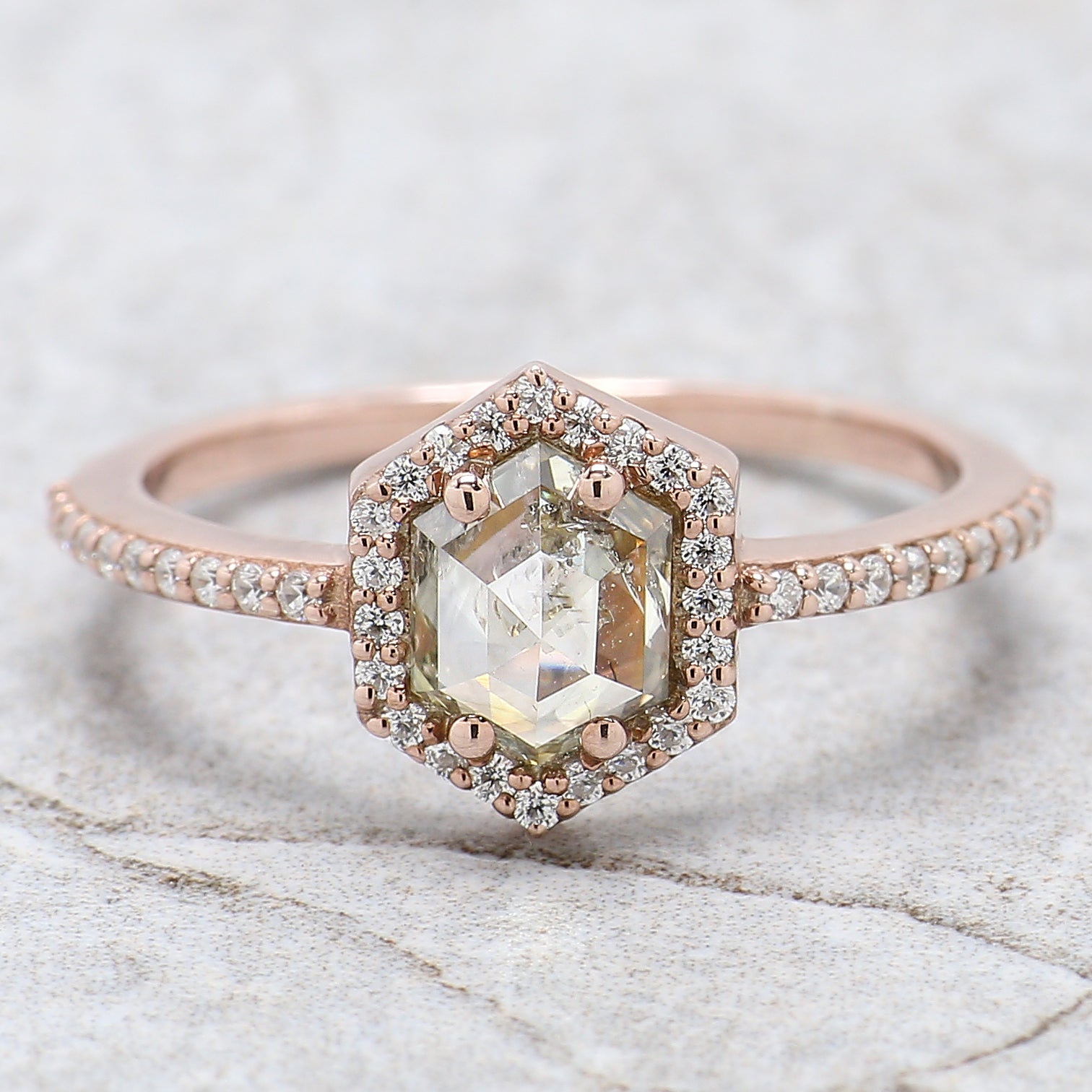 Hexagon Cut Salt And Pepper Diamond Ring 0.87 Ct 6.69 MM Hexagon Cut Diamond Ring 14K Rose Gold Silver Engagement Ring Gift For Her QL2604