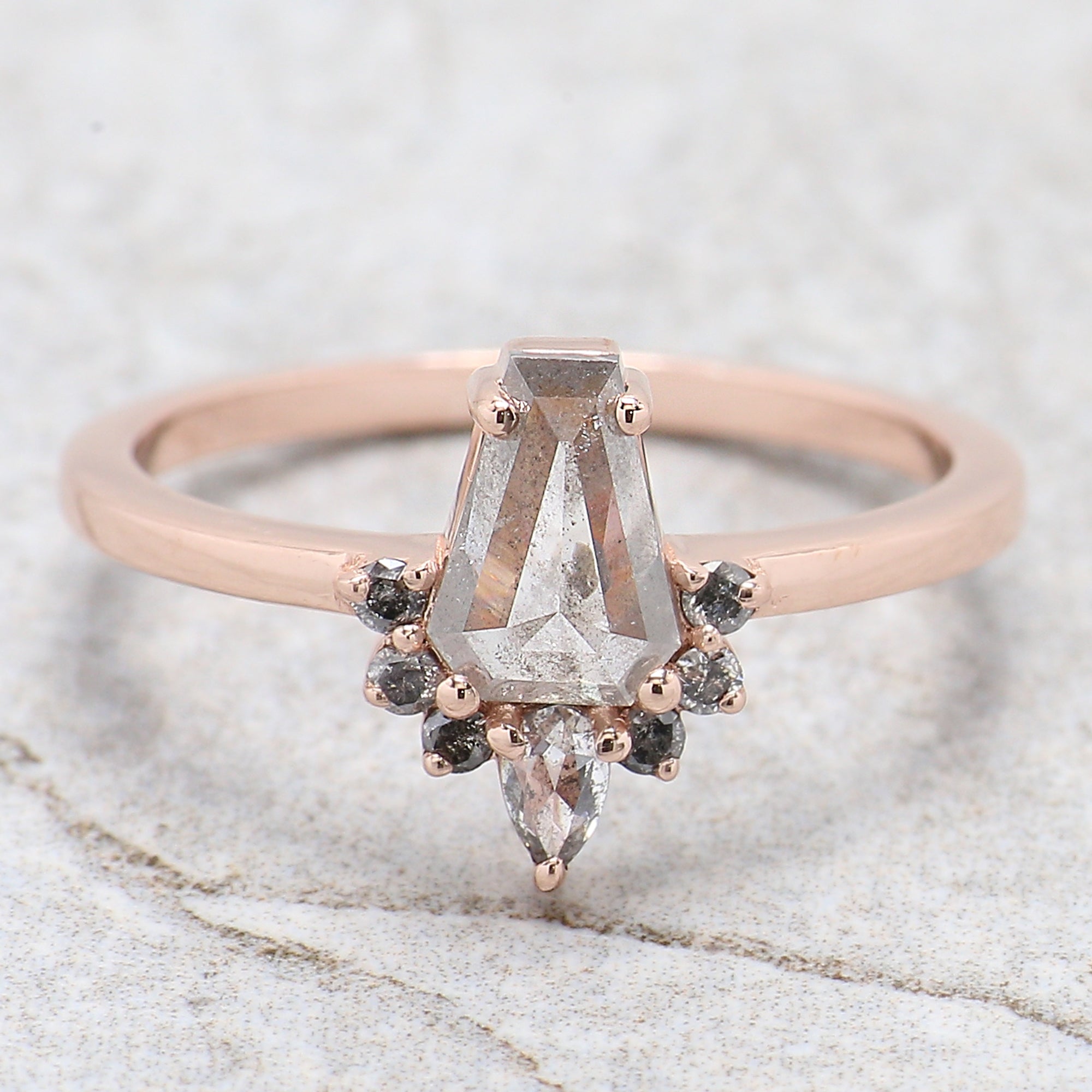 Coffin Cut Salt And Pepper Diamond Ring 0.75 Ct 7.00 MM Coffin Diamond Ring 14K Solid Rose Gold Silver Engagement Ring Gift For Her QN1248