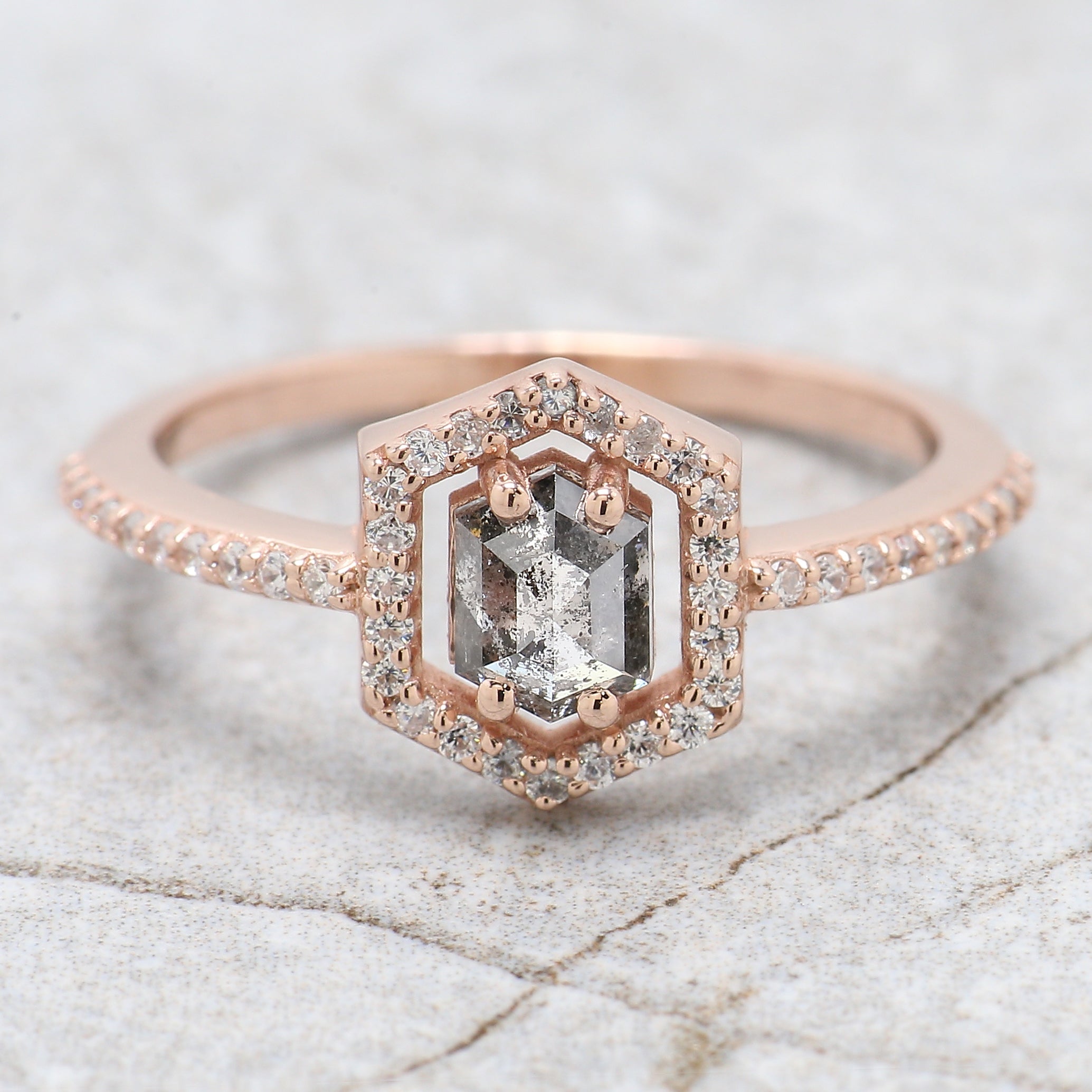 0.57 Ct Natural Hexagon Salt And Pepper Diamond Ring 5.40 MM Hexagon Shape Diamond Ring 14K Solid Rose Gold Silver Engagement Ring QN747