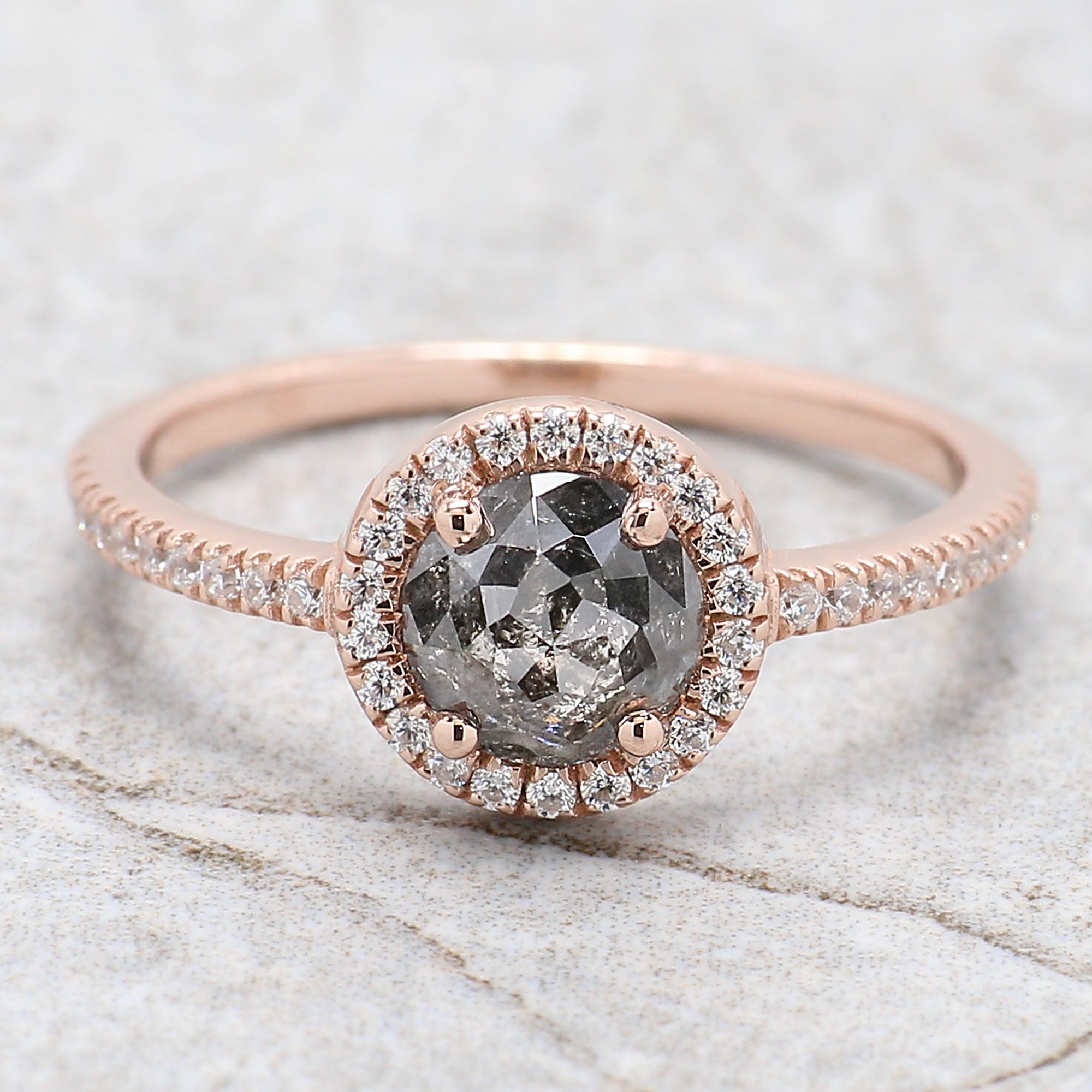 Round Rose Cut Salt And Pepper Diamond Ring 0.96 Ct 6.00 MM Round Diamond Ring 14K Rose Gold Silver Engagement Ring Gift For Her QN1216