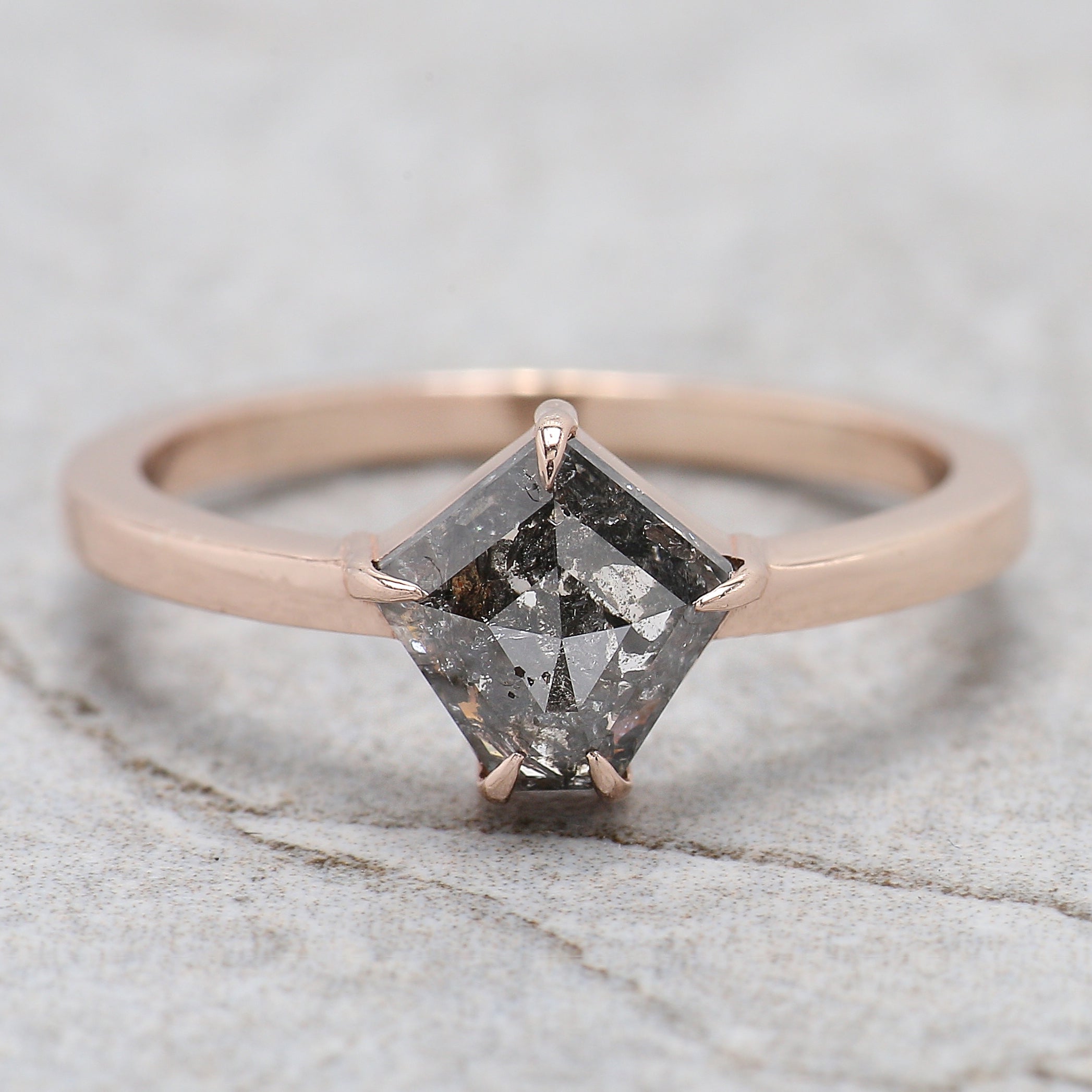 Pentagon Cut Salt And Pepper Diamond Ring 1.10 Ct 7.45 MM Pentagon Diamond Ring 14K Rose Gold Silver Engagement Ring Gift For Her QL601