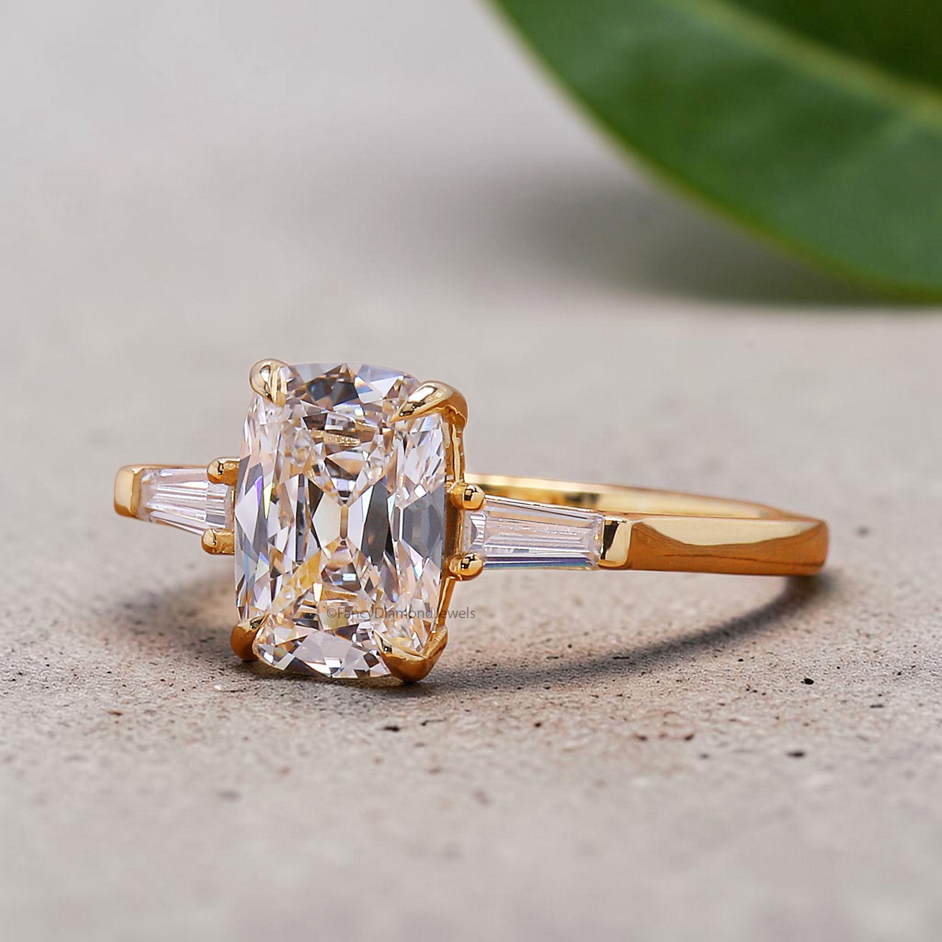 Old Mine Cut Diamond Three Stone Engagement Ring, Cushion and Tapered Baguette Diamond Ring, 3 Stone Wedding Ring, Anniversary Gifts FD559