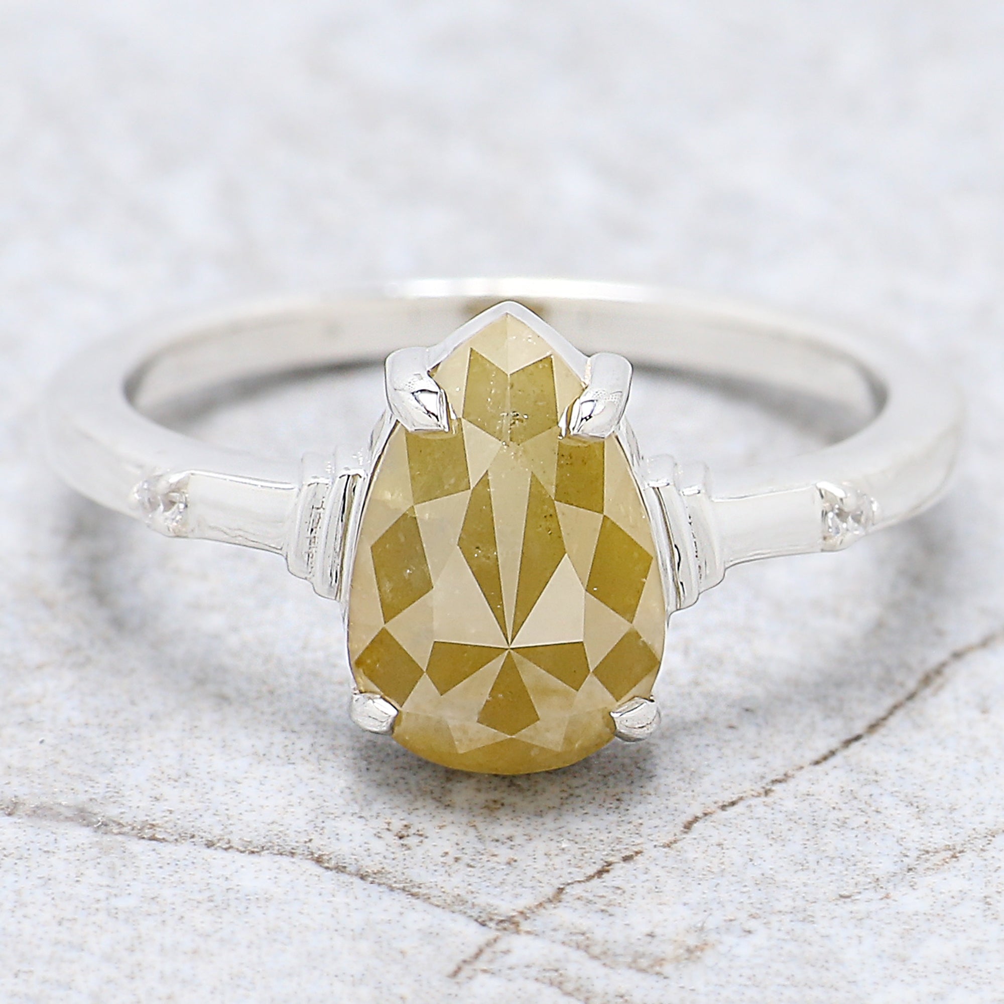 Pear Cut Yellow Color Diamond Ring 2.32 Ct 10.00 MM Pear Diamond Ring 14K Solid White Gold Silver Pear Engagement Ring Gift For Her QN735