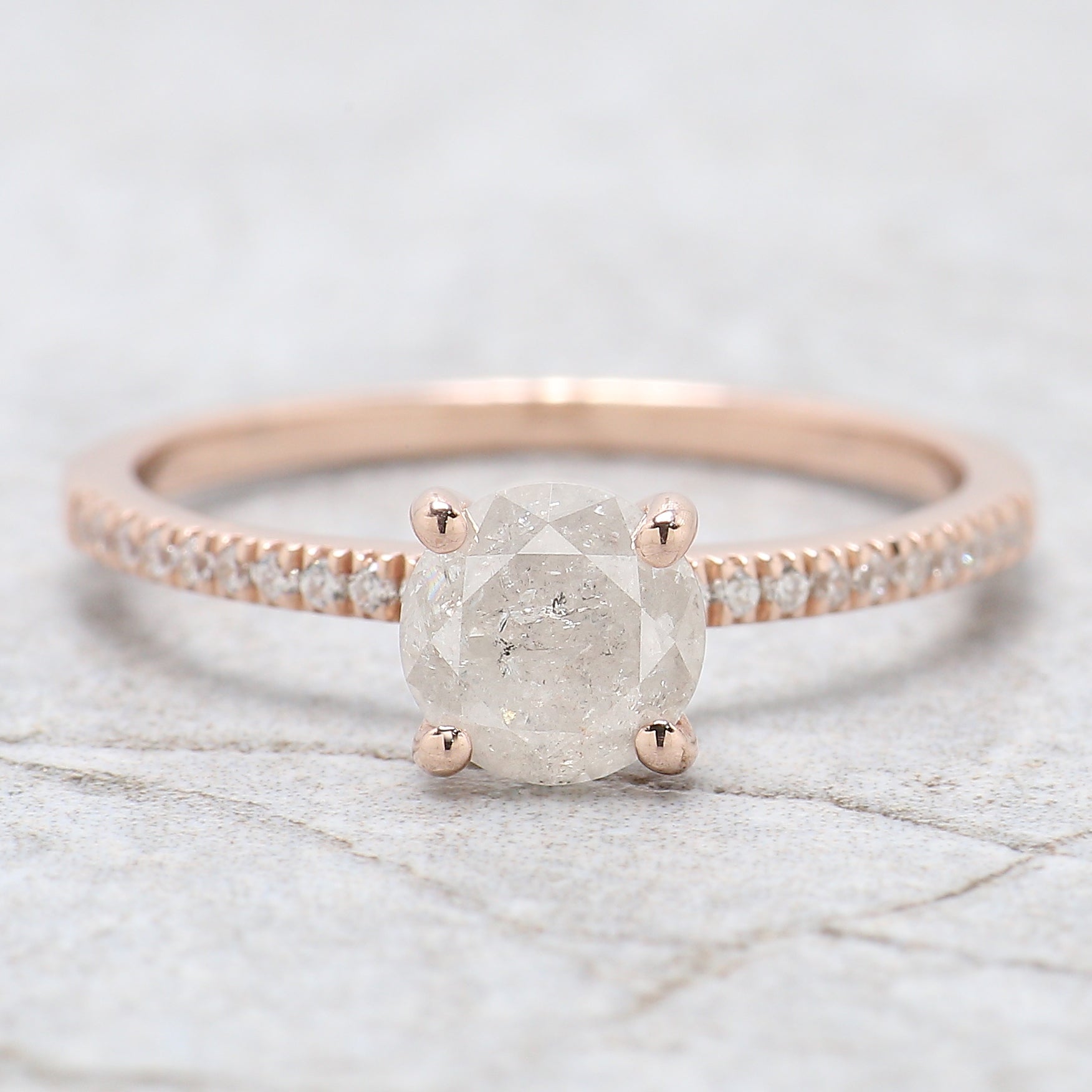 0.86 Ct Natural Round Shape Grey Color Diamond Ring 5.95 MM Round Rose Cut Diamond Ring 14K Solid Rose Gold Silver Engagement Ring QN1062