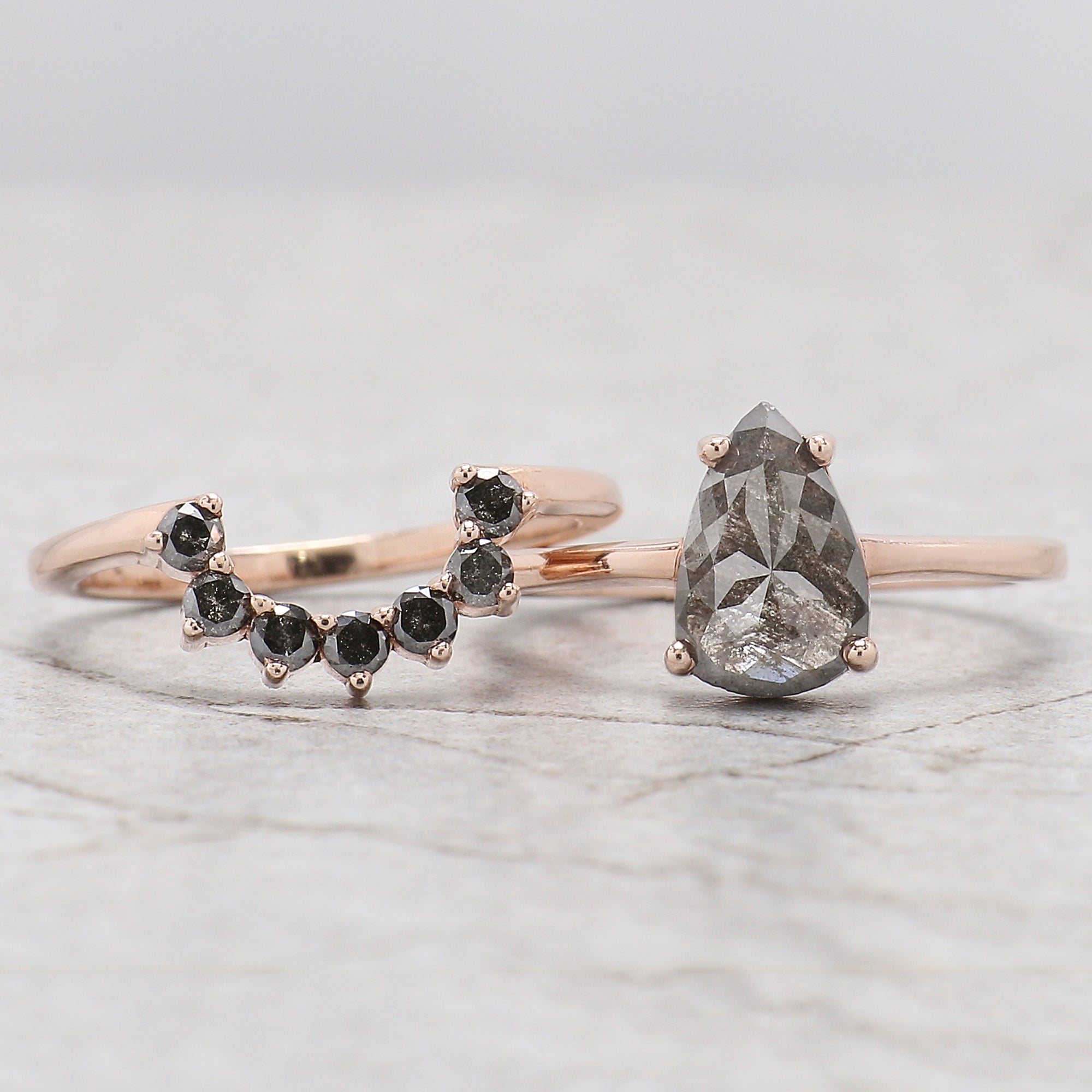 1.37 Ct Natural Pear Cut Salt And Pepper Diamond Ring 9.60 MM Pear Diamond Ring 14K Solid Rose Gold Silver Engagement Ring Pear Ring QL1577