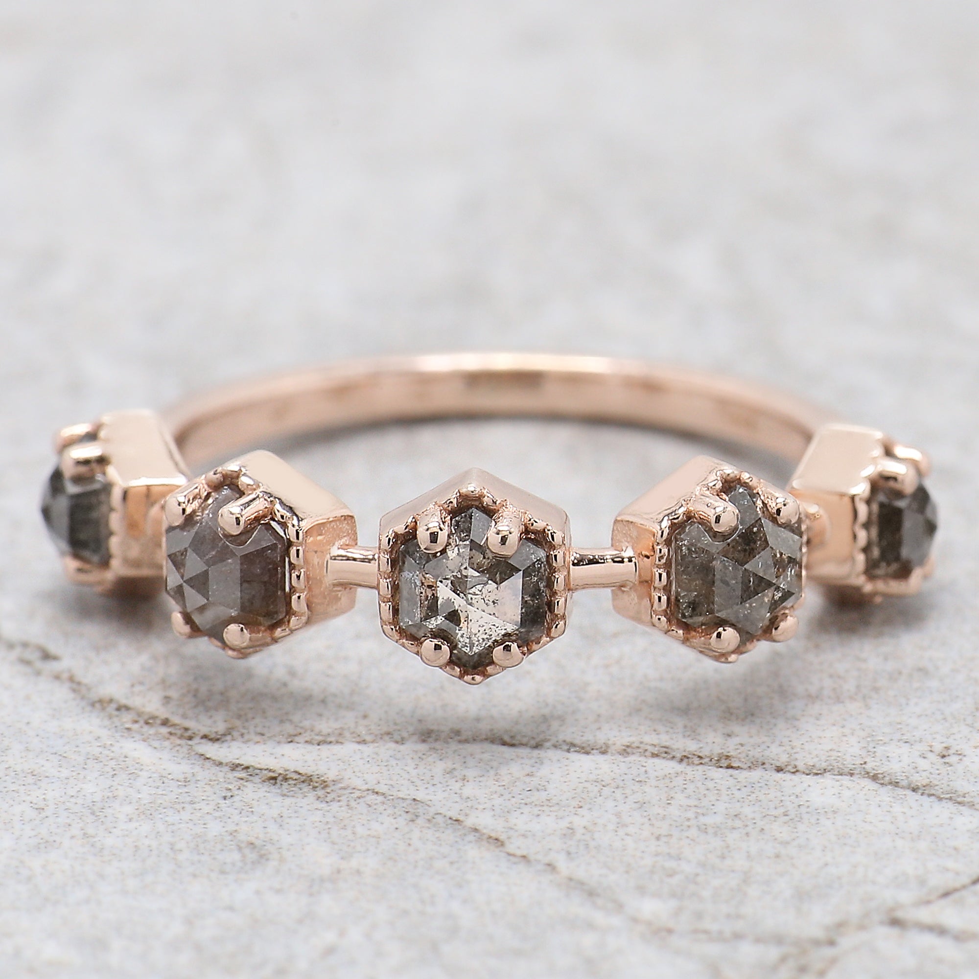 Hexagon Cut Salt And Pepper Diamond Ring 1.24 Ct 3.60 MM Hexagon Cut Diamond Ring 14K Rose Gold Silver Engagement Ring Gift For Her QL7558