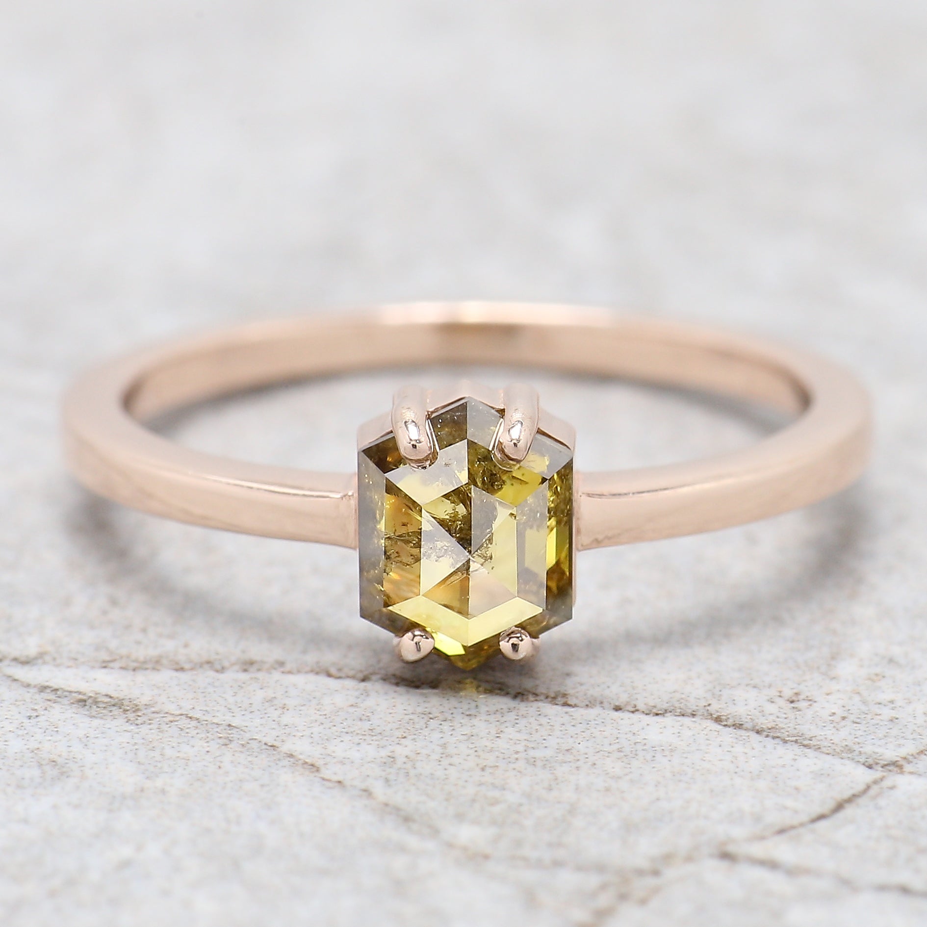 Hexagon Cut Green Color Diamond Ring 0.90 Ct 6.50 MM Hexagon Shape Diamond Ring 14K Rose Gold Silver Engagement Ring Gift For Her QL1070