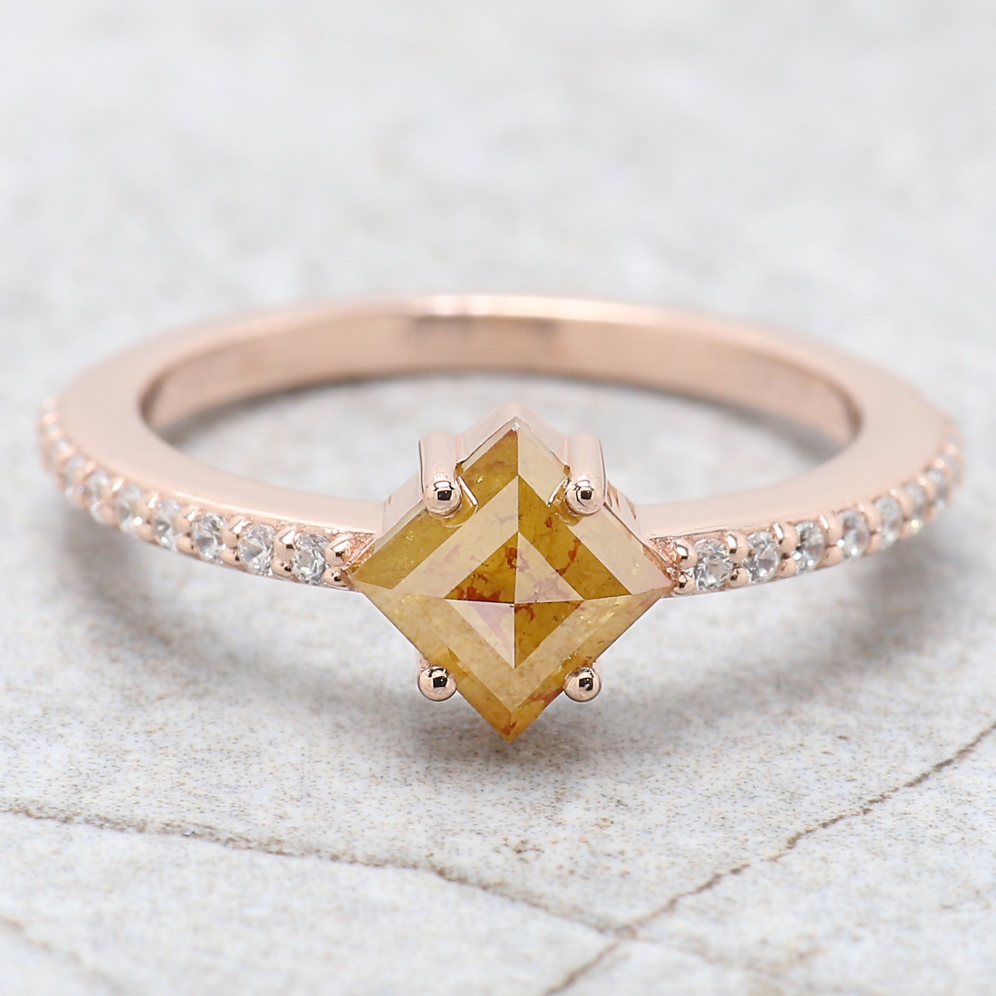1.00 Ct Natural Kite Cut Yellow Color Diamond Ring 7.45 MM Kite Rose Cut Shape Diamond Ring 14K Solid Rose Gold Silver Engagement Ring QN634