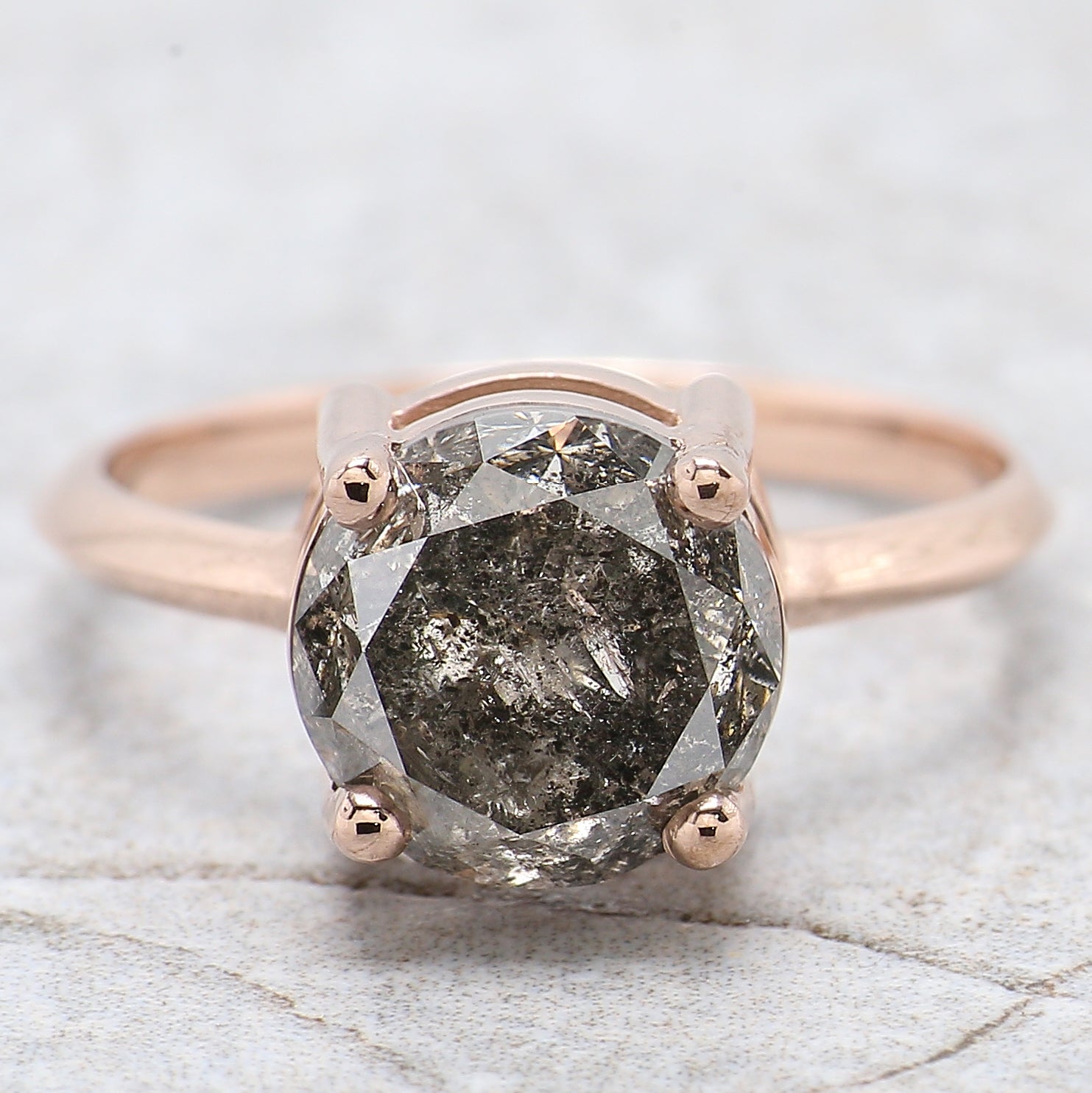 Round Cut Salt And Pepper Diamond Ring 3.37 Ct 8.77 MM Round Diamond Ring 14K Solid Rose Gold Silver Engagement Ring Gift For Her QL2303