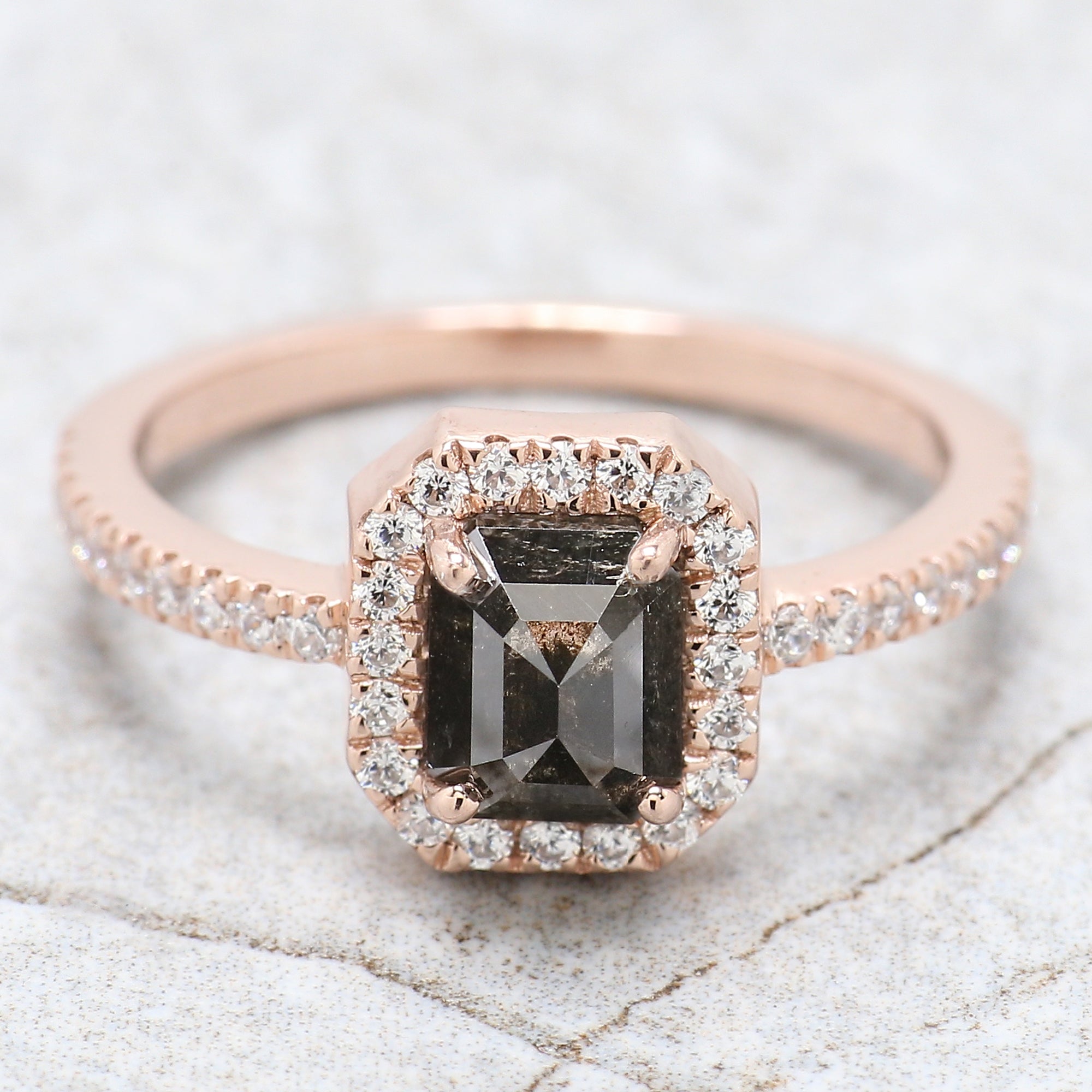 Emerald Cut Salt And Pepper Diamond Ring 1.26 Ct 6.10 MM Emerald Diamond Ring 14K Solid Rose Gold Silver Engagement Ring Gift For Her QK1954