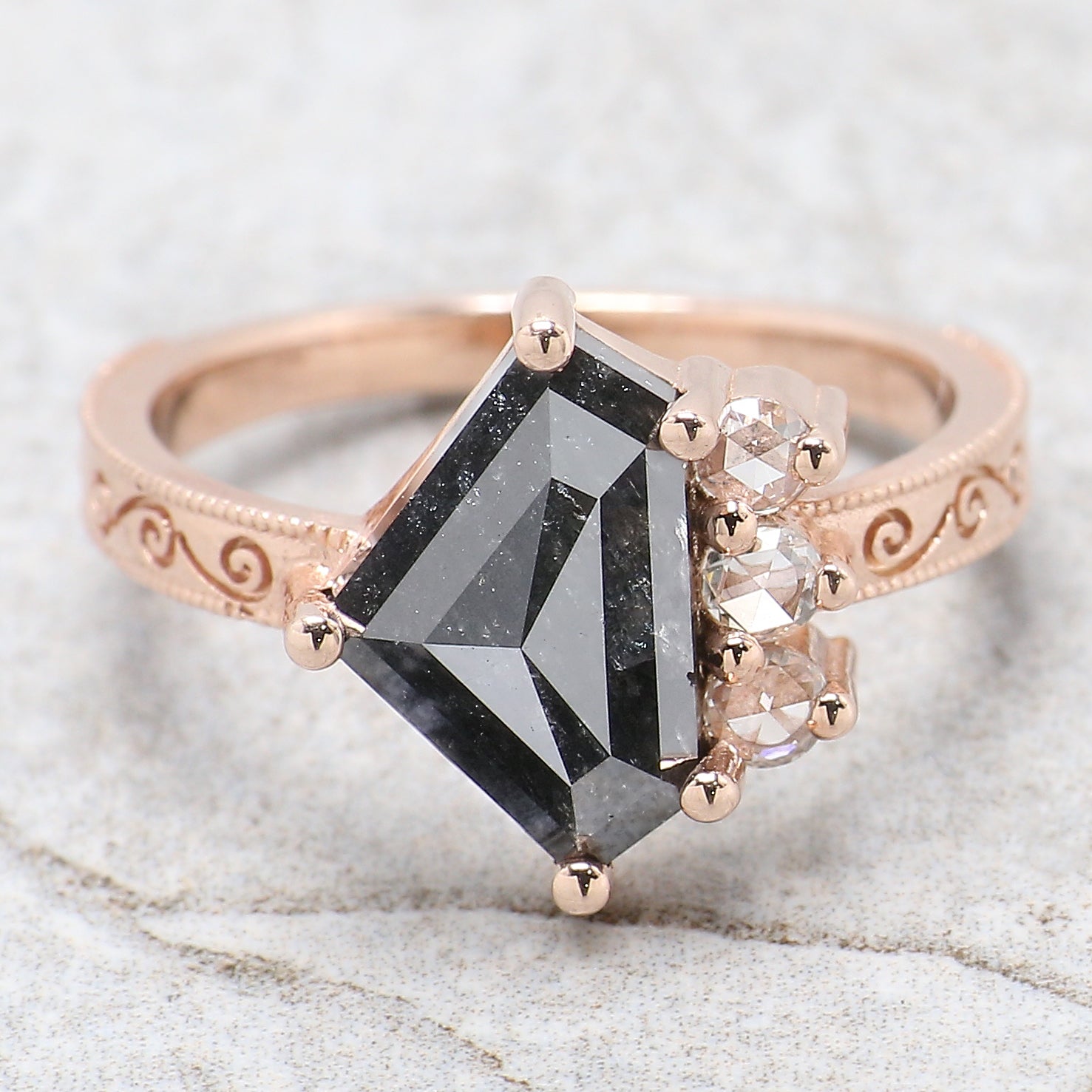 Shield Cut Salt And Pepper Diamond Ring 2.85 Ct 7.80 MM Shield Diamond Ring 14K Solid Rose Gold Silver Engagement Ring Gift For Her QL8767