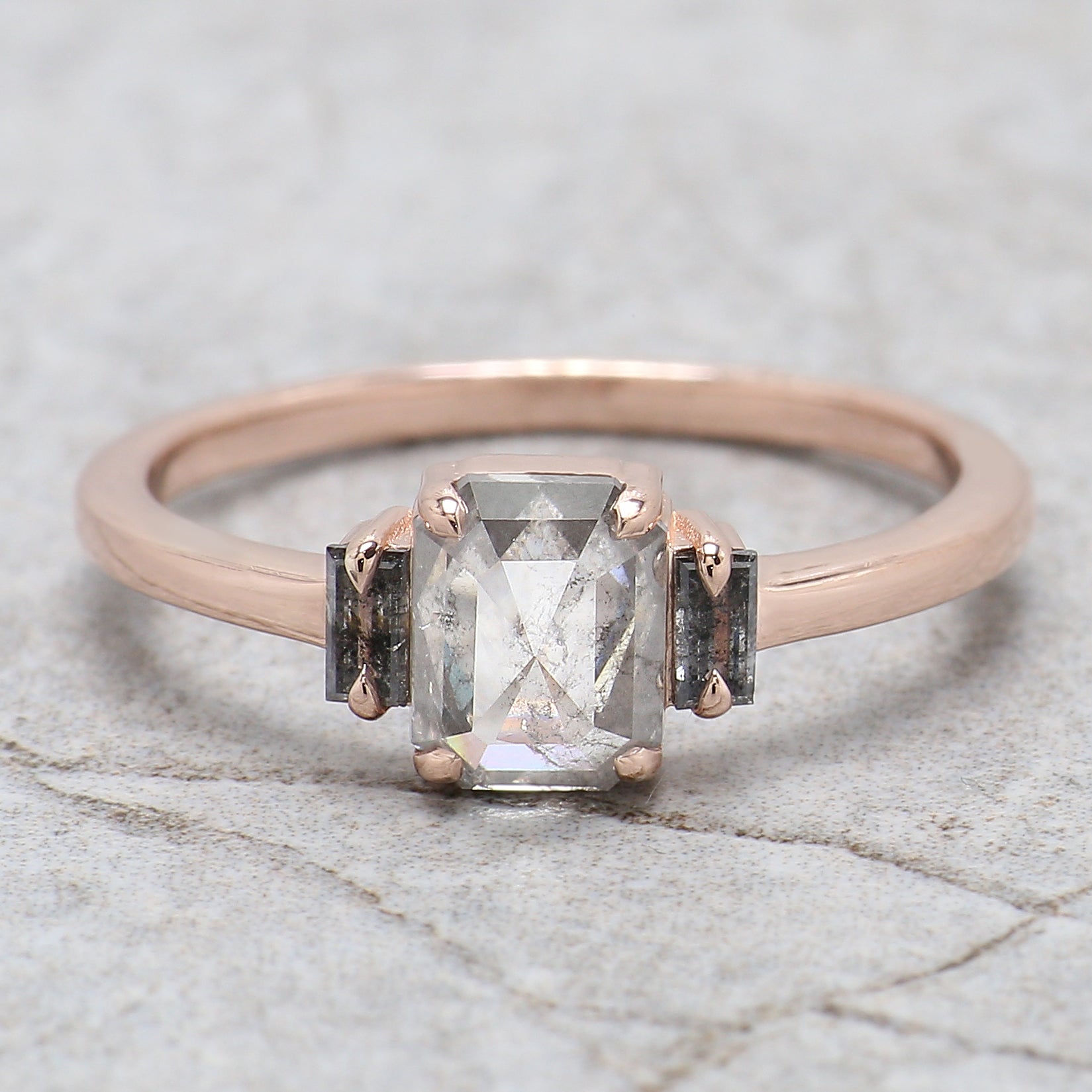 Emerald Cut Salt And Pepper Diamond Ring 0.95 Ct 6.45 MM Emerald Diamond Ring 14K Solid Rose Gold Silver Engagement Ring Gift For Her QL2745