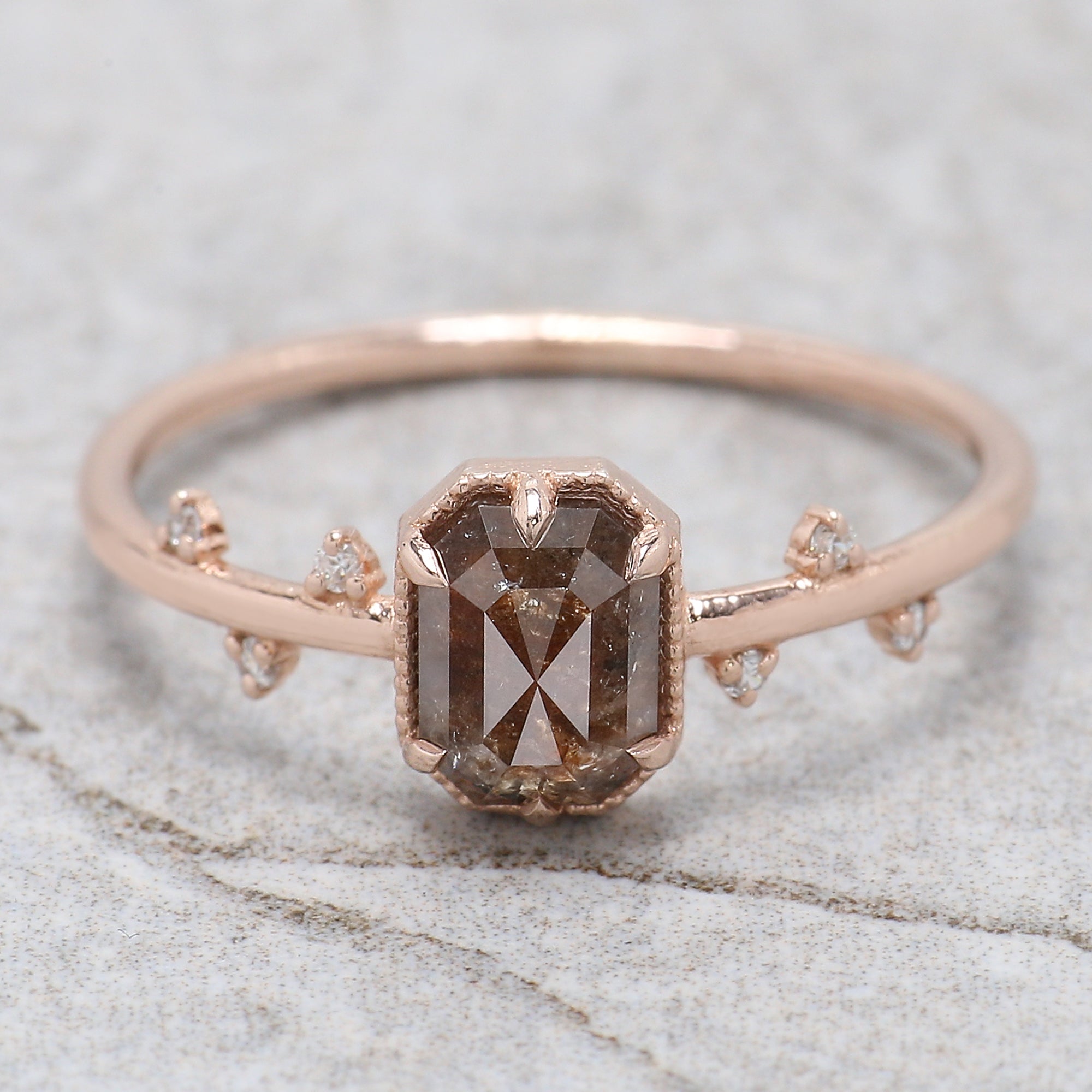 Emerald Cut Brown Color Diamond Ring 0.79 Ct 6.18 MM Emerald Shape Diamond Ring 14K Rose Gold Silver Engagement Ring Gift For Her QL652