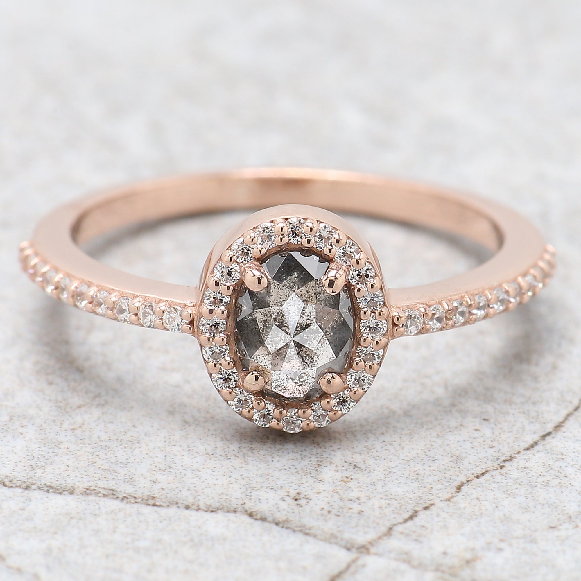 Oval Cut Salt And Pepper Diamond Ring 0.52 Ct 5.85 MM Oval Diamond Ring 14K Solid Rose Gold Silver Oval Engagement Ring Gift For Her QN1147