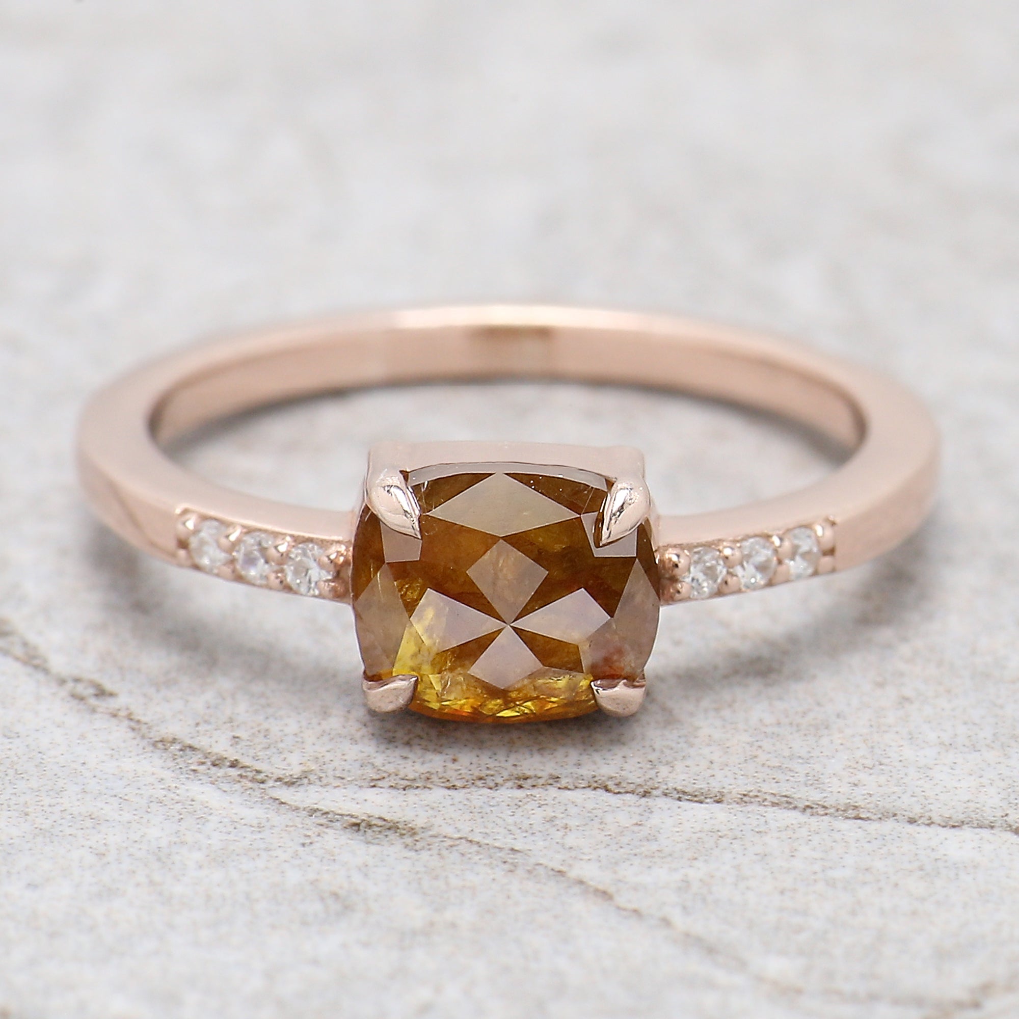 Cushion Yellow Color Diamond Ring 1.39 Ct 6.92 MM Brown Cushion Diamond Ring 14K Solid Rose Gold Silver Engagement Ring Gift For Her QL2885