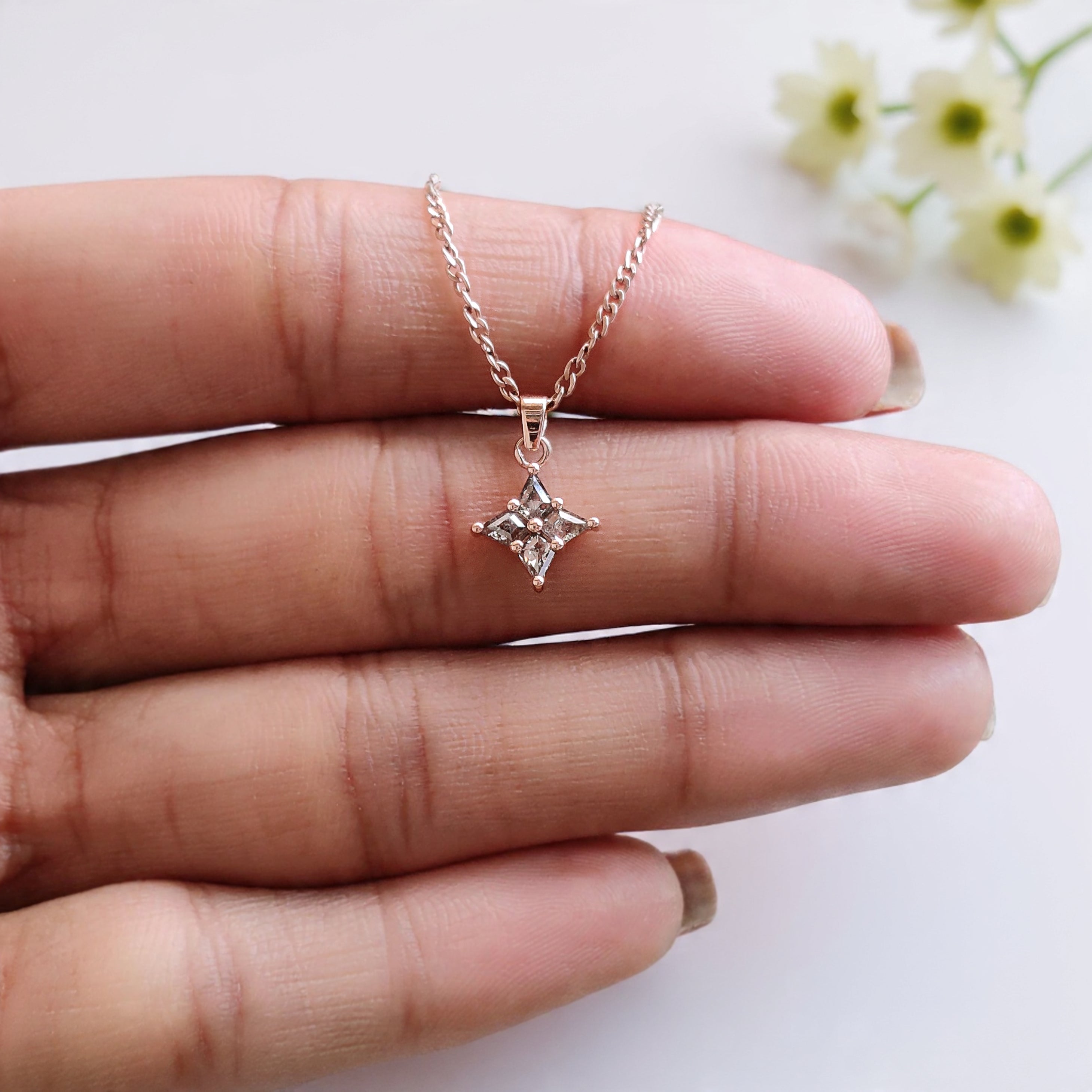 Kite Shape Salt and Pepper Diamond Pendant 0.27 Ct, 14K Solid Rose Gold Necklace, Rustic Diamond Engagement Pendant, Gift for Her KD1087