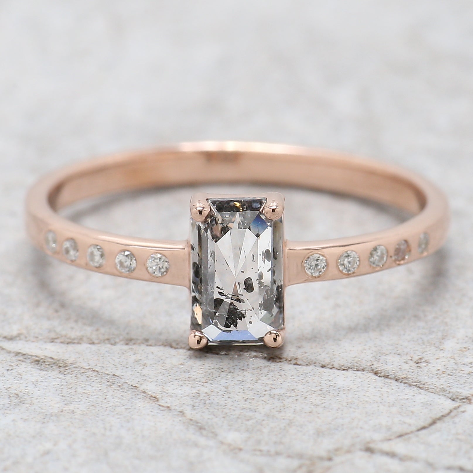 Emerald Cut Salt And Pepper Diamond Ring 0.77 Ct 6.60 MM Emerald Diamond Ring 14K Solid Rose Gold Silver Engagement Ring Gift For Her QL2658