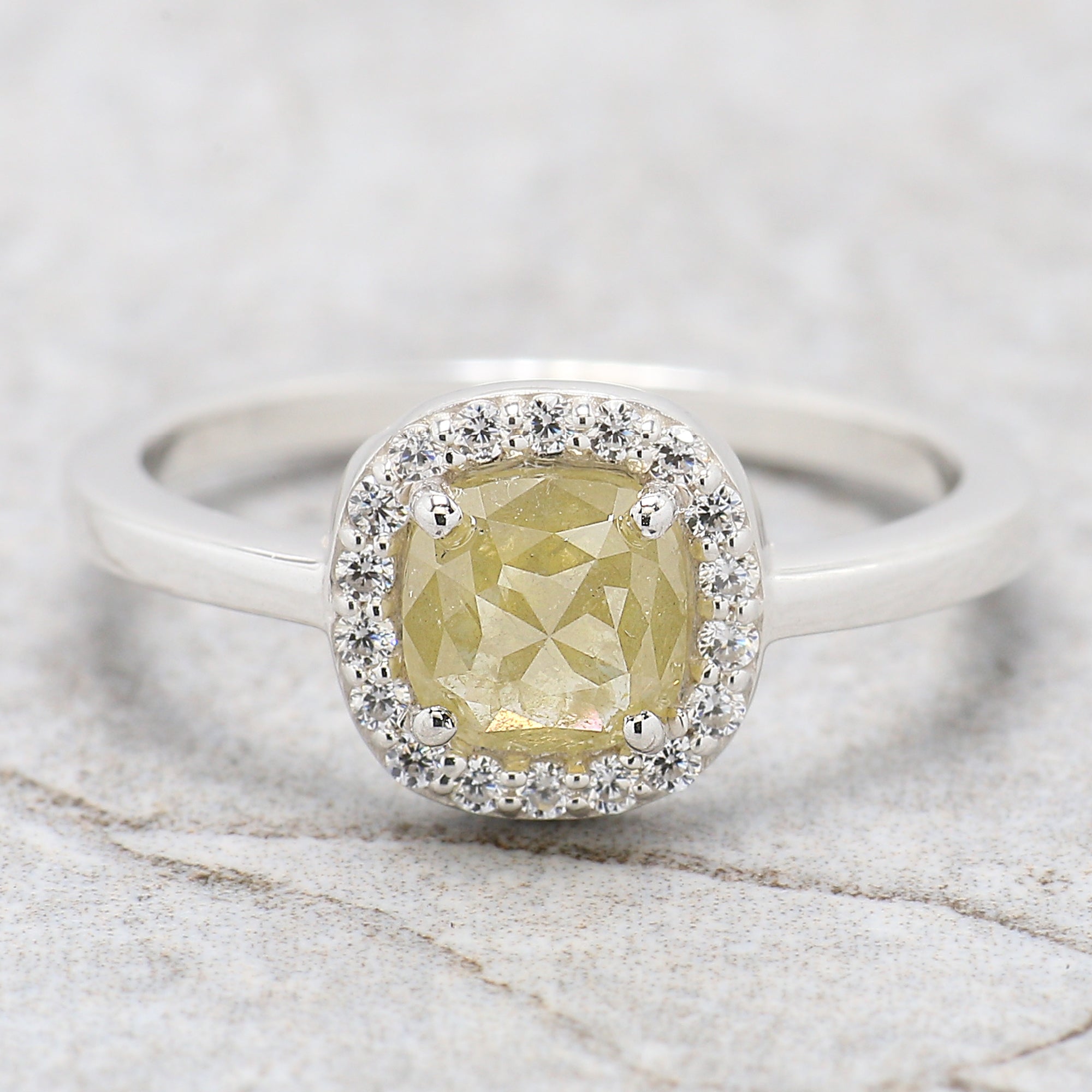 Cushion Yellow Color Diamond Ring 0.81 Ct 5.65 MM Cushion Shape Diamond Ring 14K Solid White Gold Silver Engagement Ring Gift For Her QL9098