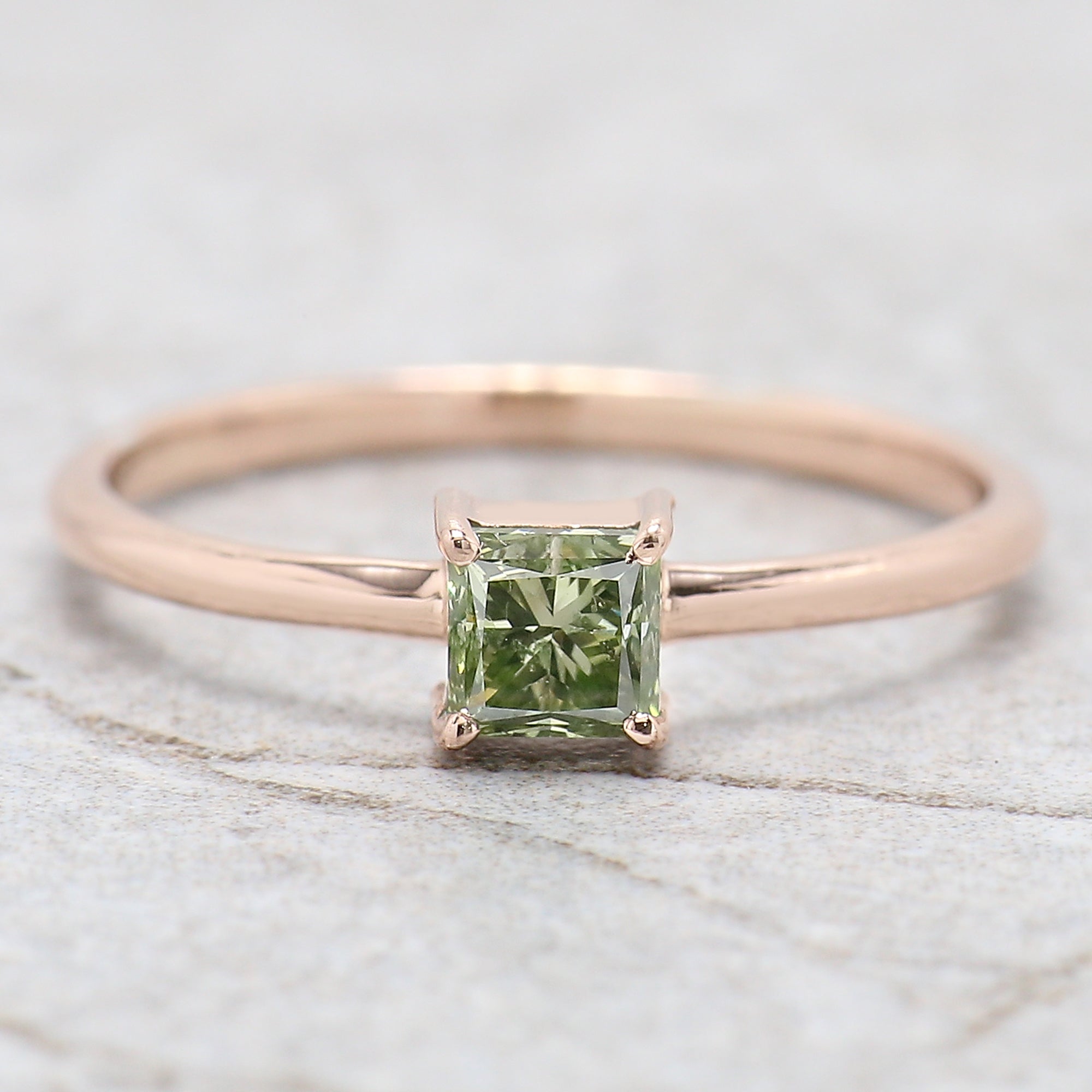 Princess Cut Green Color Diamond Ring 0.44 Ct 3.85 MM Princess Diamond Ring 14K Rose Gold Silver Engagement Ring Gift For Her QN1158