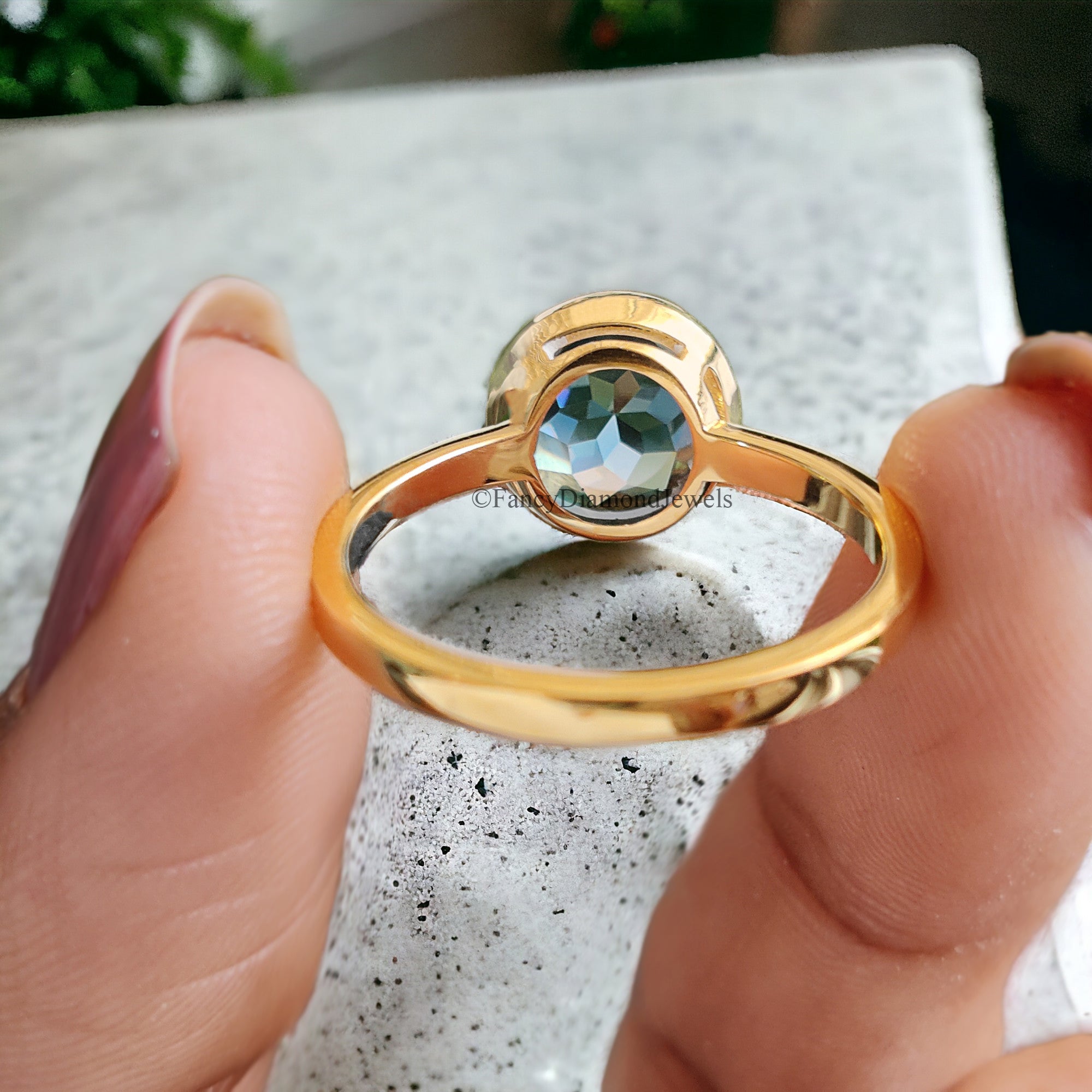 Round Rose Cut Moissanite Bezel Set Engagement Ring 2.35 ct Blue Green Moissanite Round Rose Cut Yellow Gold Silver Ring Gift For Her FD55