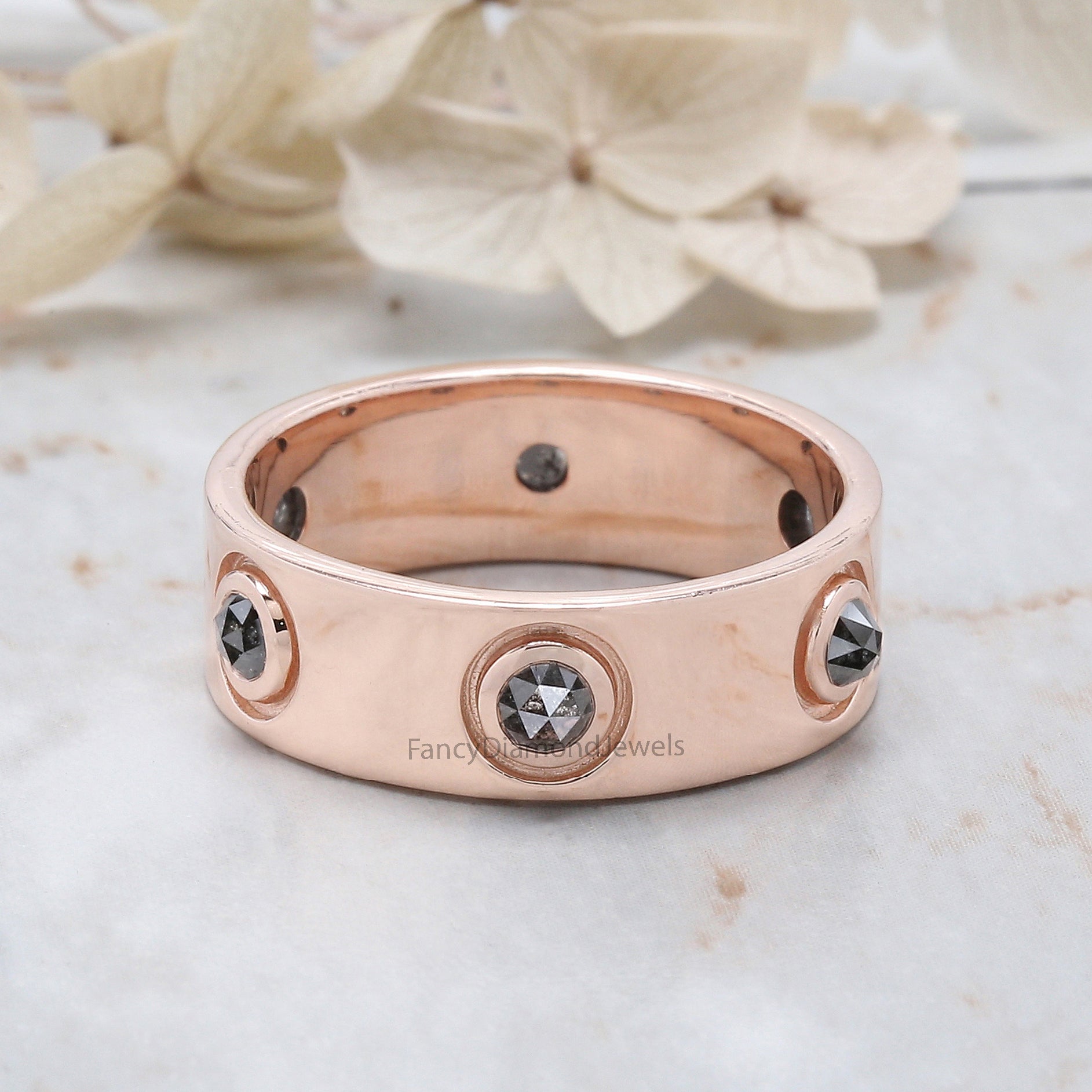 Round Rose Cut Salt And Pepper Diamond Band 1.17 Ct 3.30 MM Round Diamond Band 14K Rose Gold Silver Engagement Band Gift For Him QL6222