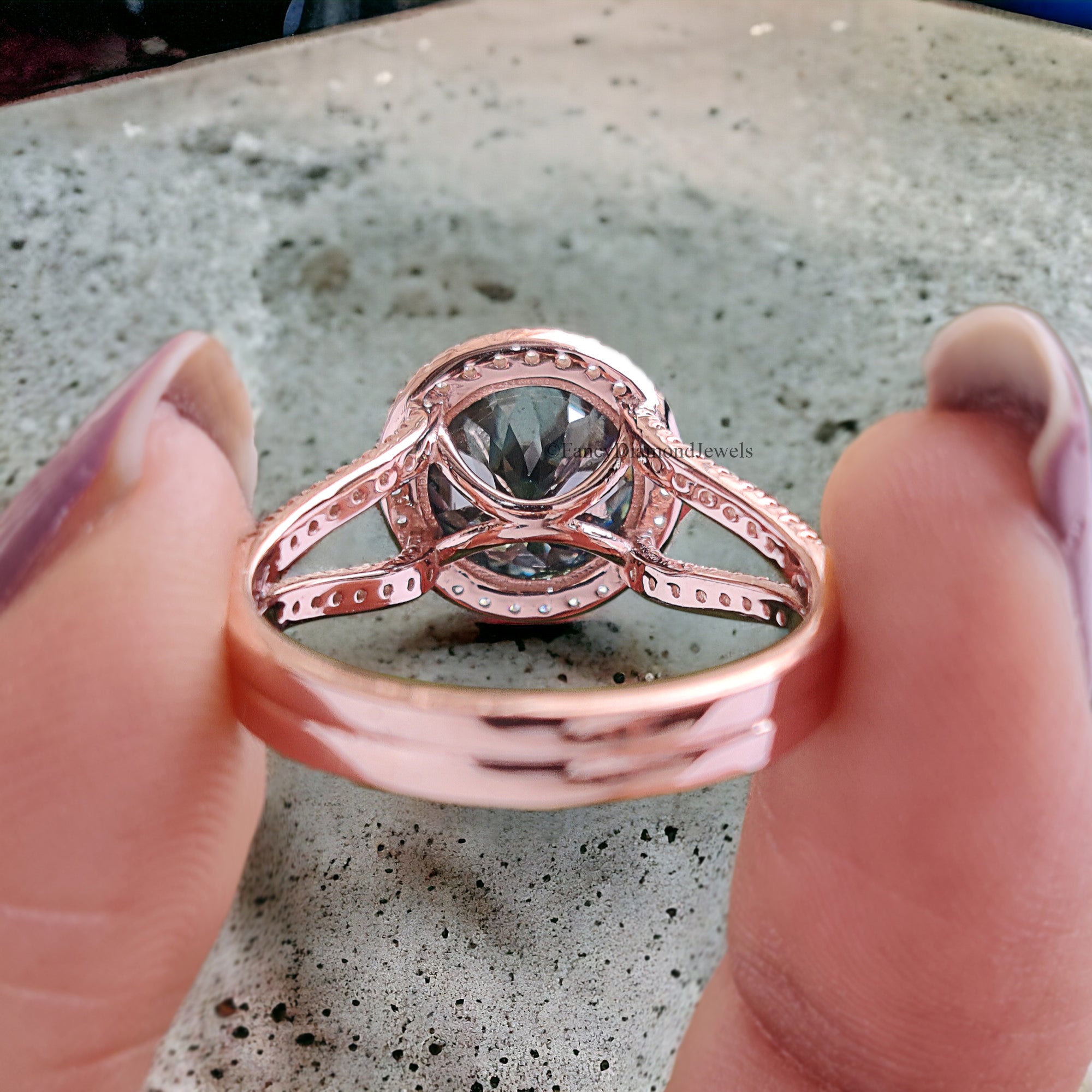 Cyan Blue Round Portuguese Cut Moissanite Ring - Rose Gold Halo Engagement Ring With Split Shank And Round Brilliant Cut Side Stones FD209
