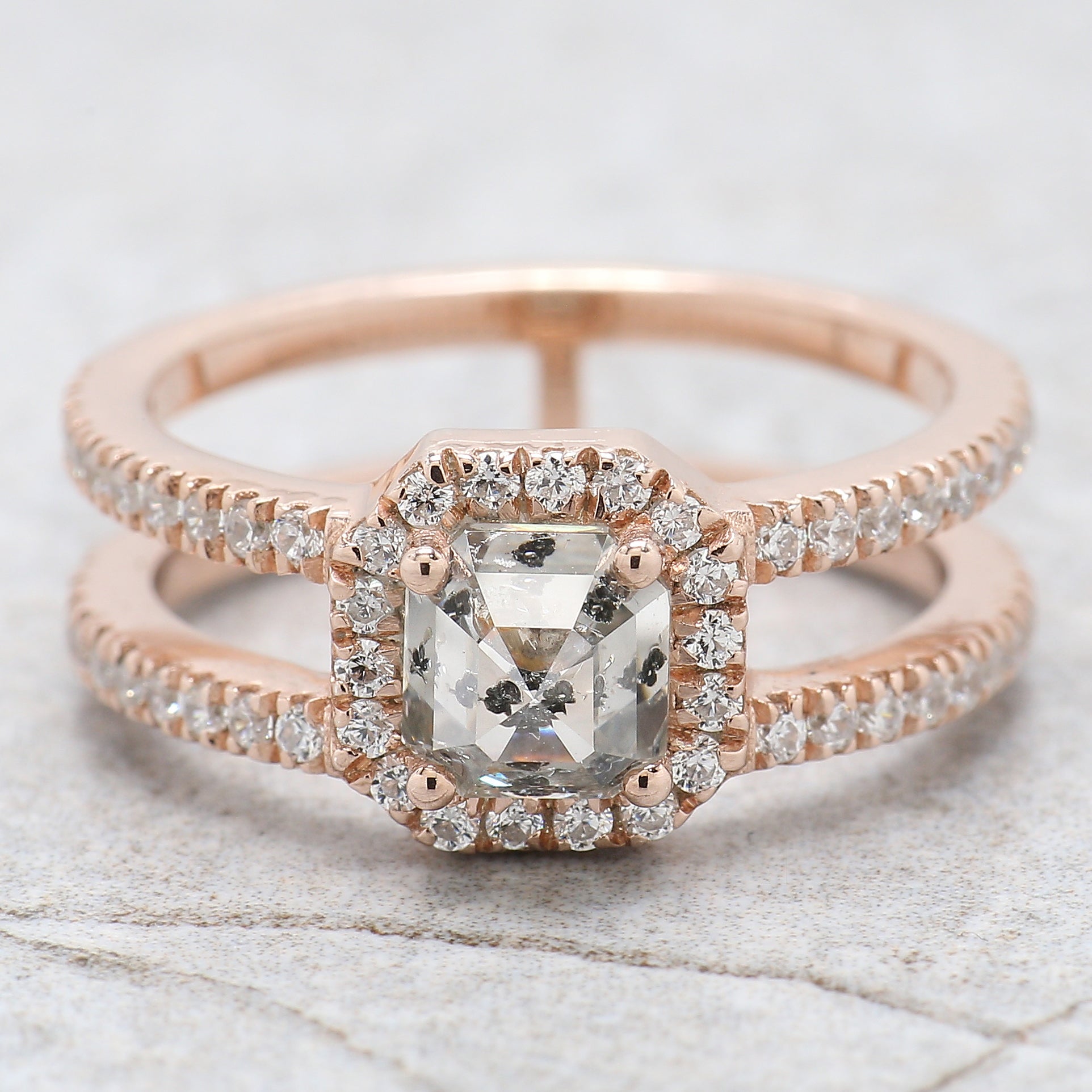 Emerald Salt And Pepper Diamond Ring 1.18 Ct 5.66 MM Emerald Diamond Ring 14K Solid Rose Gold Silver Engagement Ring Gift For Her QL2627