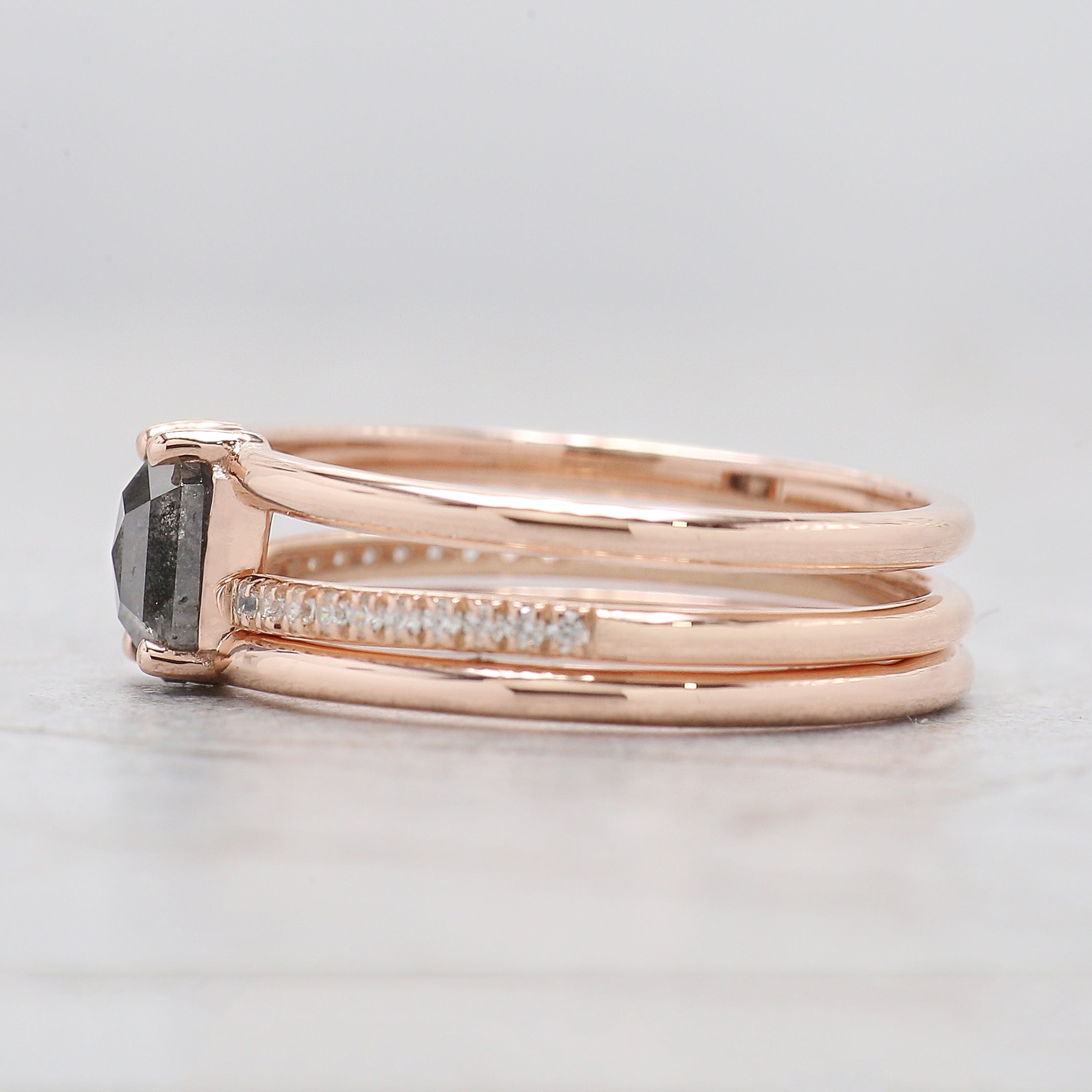 Hexagon Cut Salt And Pepper Diamond Ring 0.74 Ct 6.30 MM Hexagon Cut Diamond Ring 14K Rose Gold Silver Engagement Ring Gift For Her KDL3180